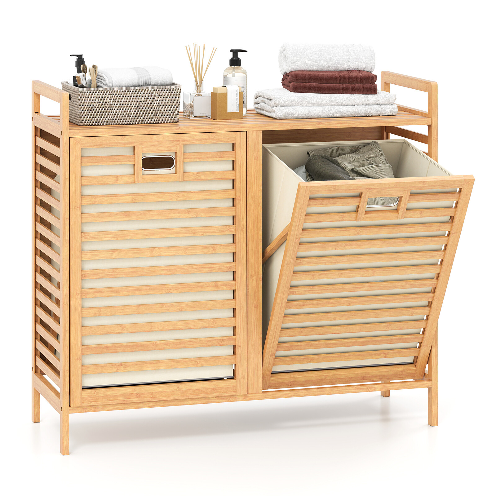 Costway Double Tilt-out Laundry Hamper with 2 Removable Bins-Natural Costway Double Tilt-out Laundry Hamper with 2 Removable Bins-Natural