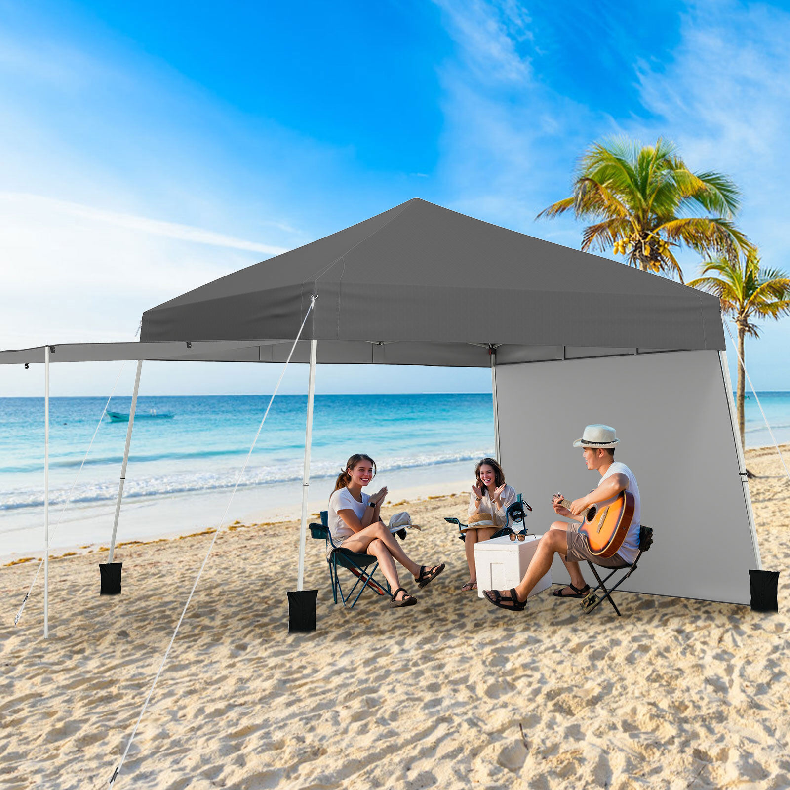 14 x 9.2 Feet Pop up Canopy Tent with 2 Convertible Sidewalls to Awning and Stakes-Gray 14 x 9.2 Feet Pop up Canopy Tent with 2 Convertible Sidewalls to Awning and Stakes-Gray
