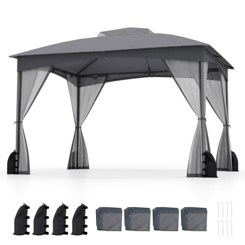 10 x 12 jala (3,6 x 3,6 m) terrassilehtla võrgust seinte ja 4 liivakotiga - hall