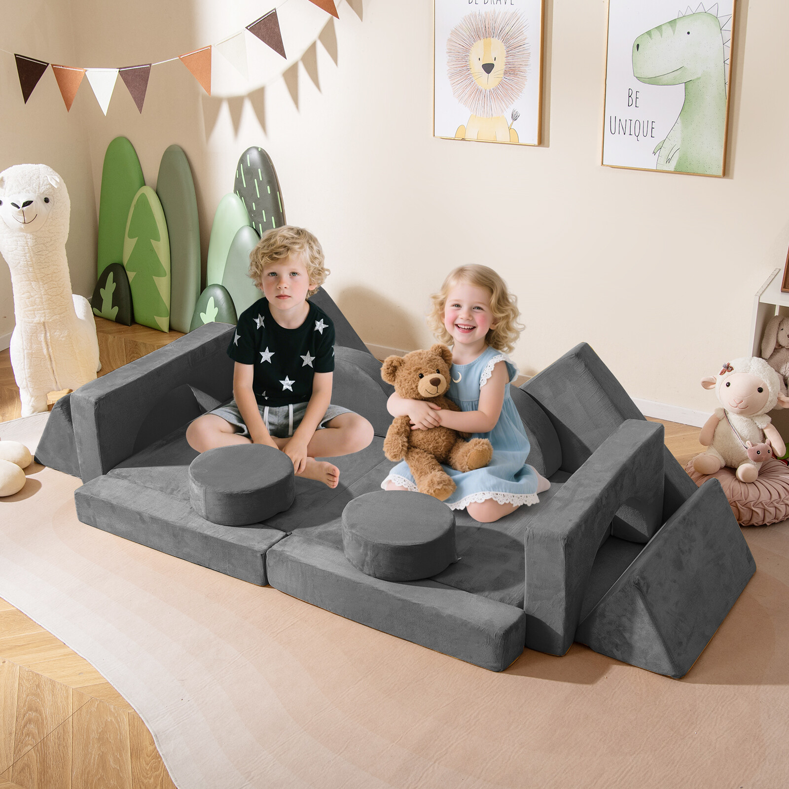14 PCS Modular Kids Play Couch for Playroom and Bedroom-Gray 14 PCS Modular Kids Play Couch for Playroom and Bedroom-Gray