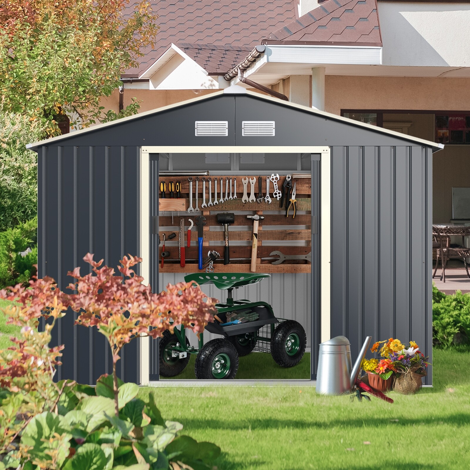 9 x 6 jala (2,7 x 1,8 m) metallist hoiukuur aia ja tööriistade jaoks - hall