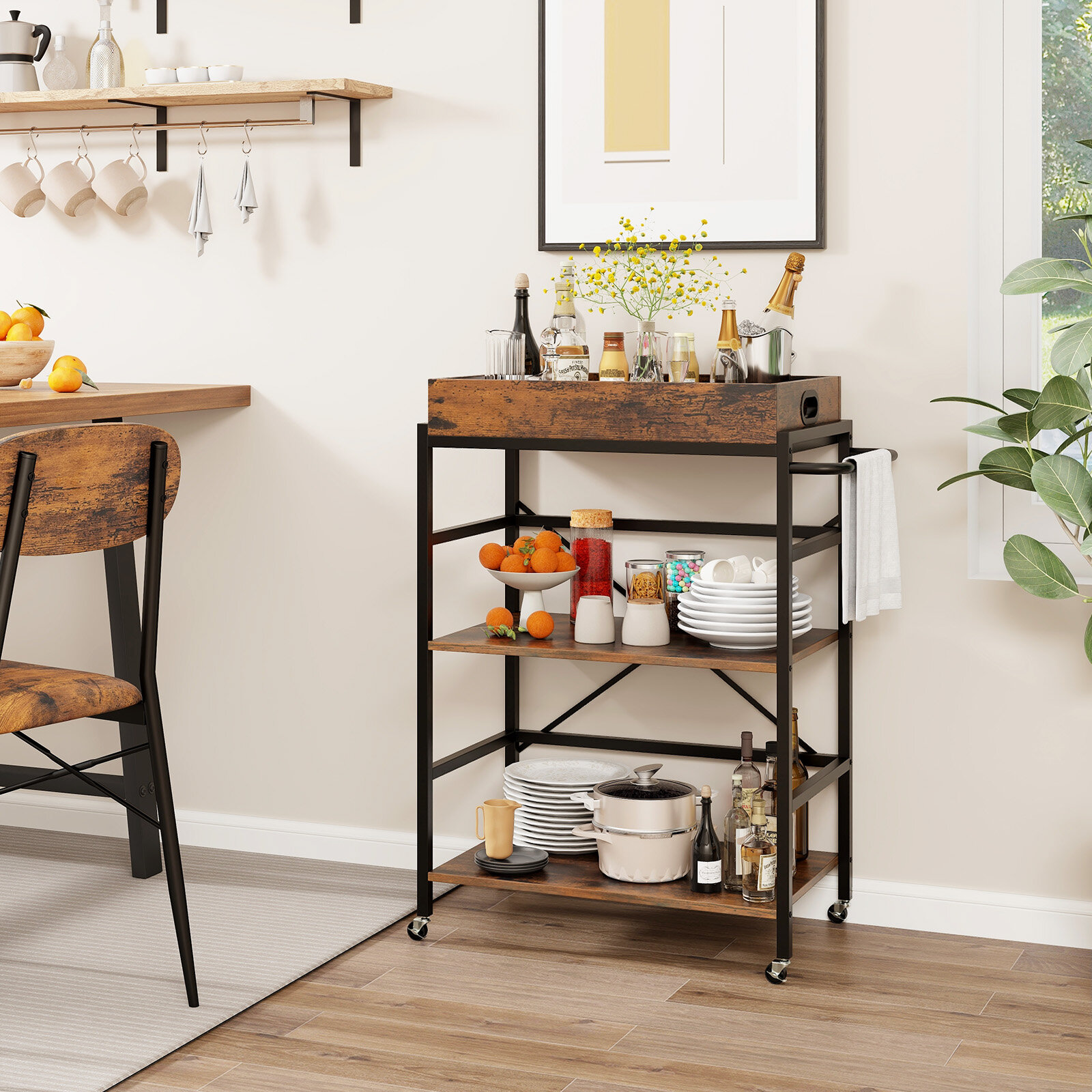 3-Tier Industrial Bar Cart with Detachable Tray for Kitchens-Rustic Brown 3-Tier Industrial Bar Cart with Detachable Tray for Kitchens-Rustic Brown
