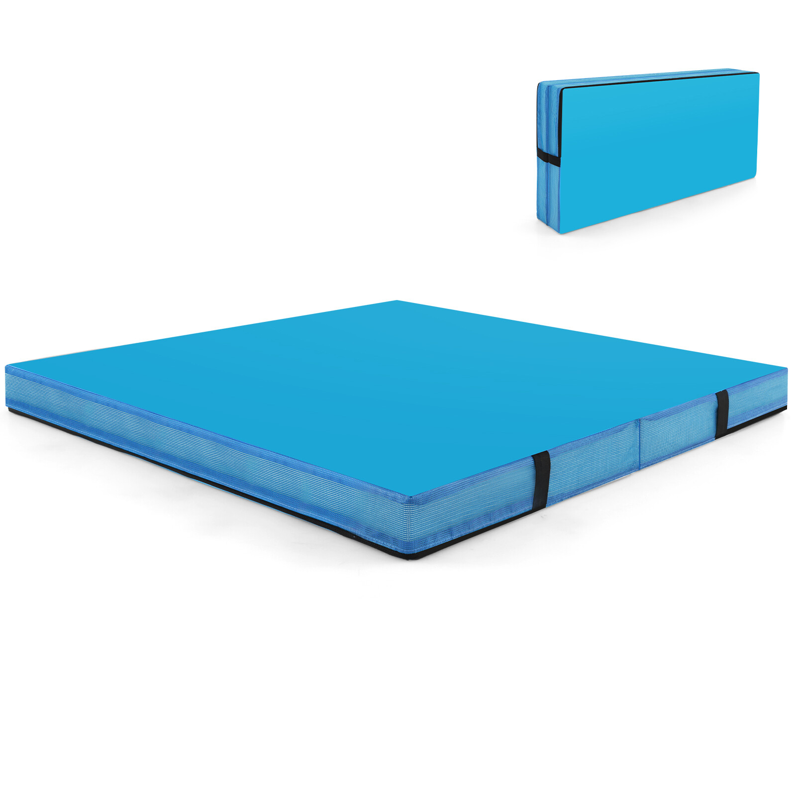 1,2 m x 1,2 m x 10 cm kahesuunaline kokkupandav võimlemismatt käepidemete ja kattega - sinine