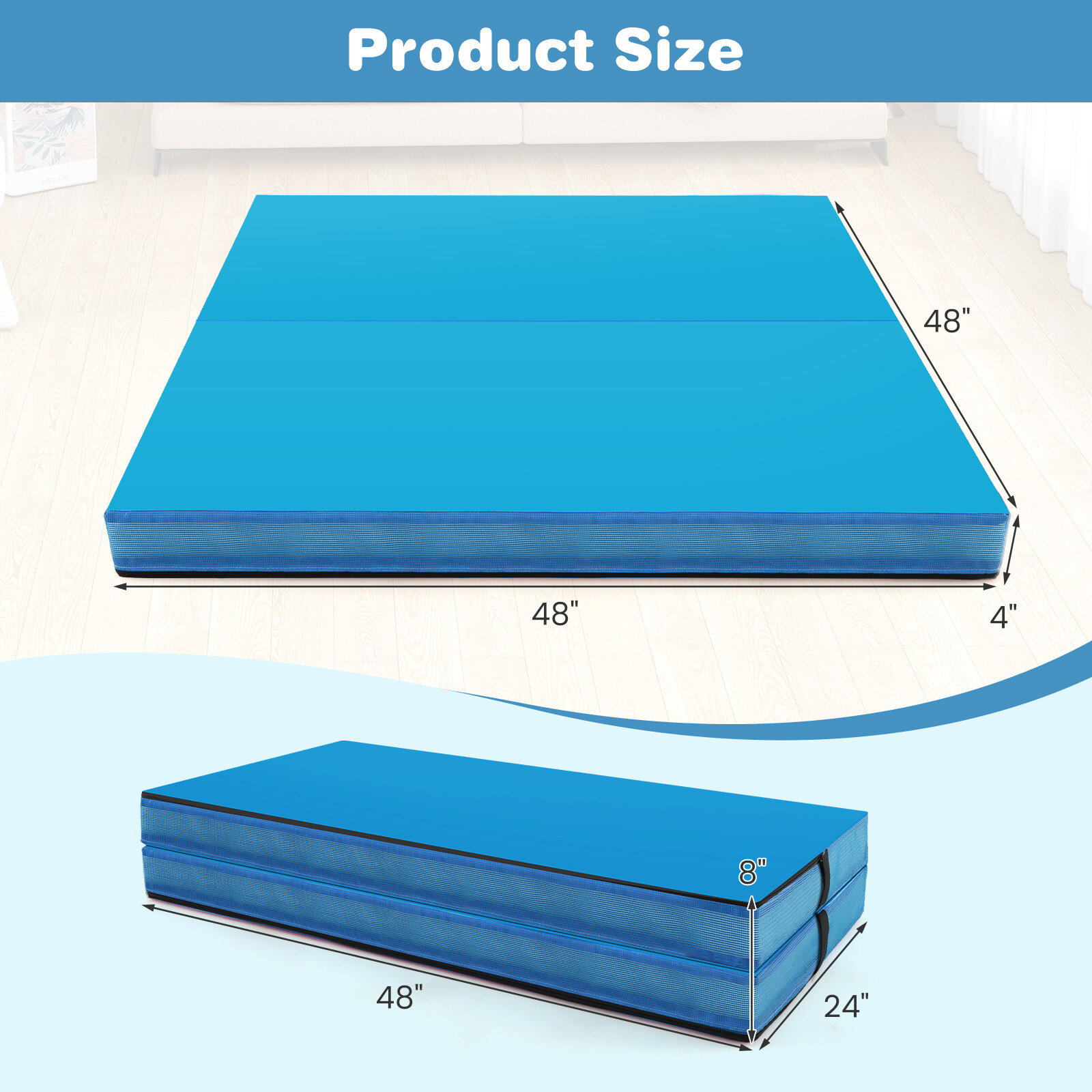 1,2 m x 1,2 m x 10 cm kahesuunaline kokkupandav võimlemismatt käepidemete ja kattega - sinine