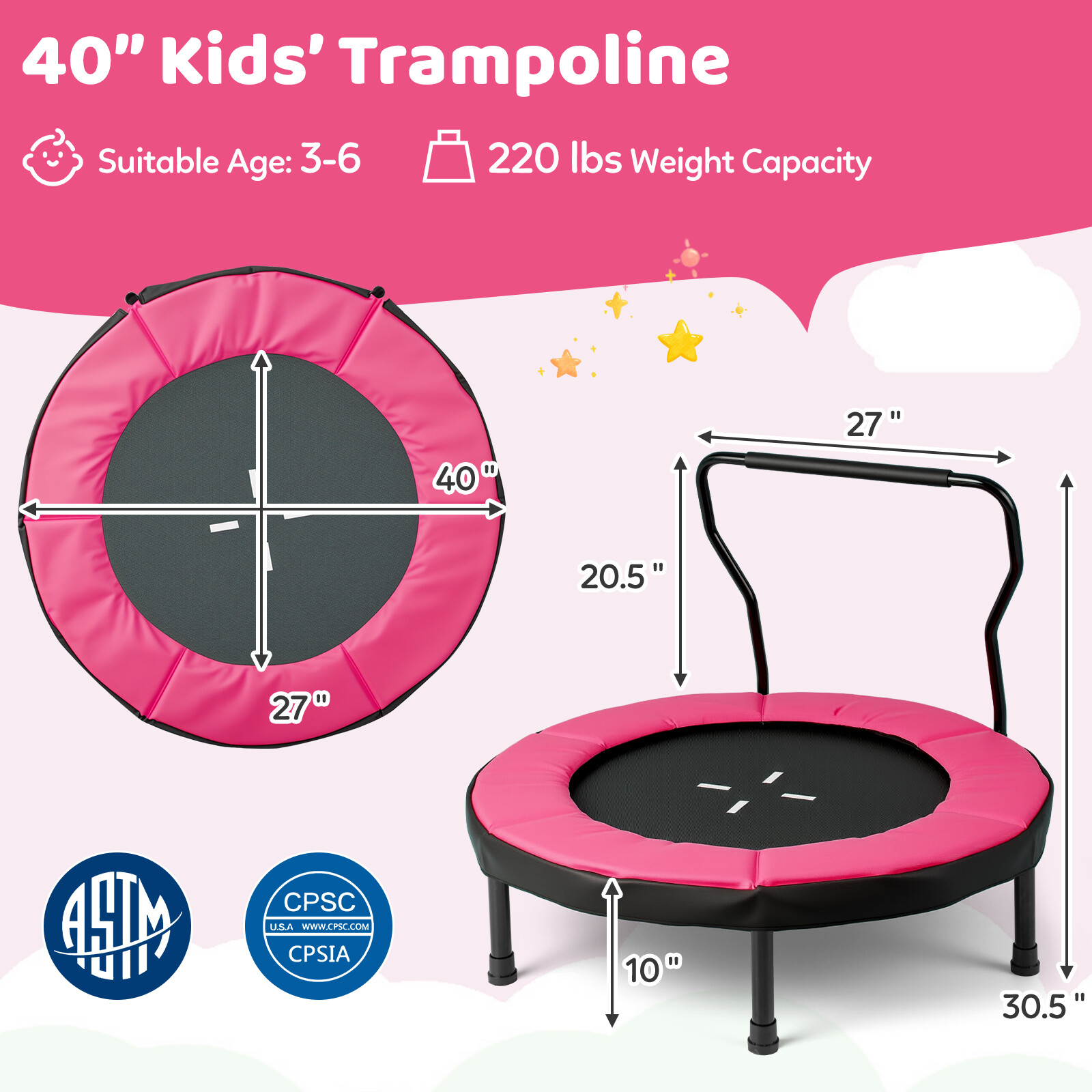 102 cm batuut lastele sise- ja välistingimustes kasutamiseks - roosa