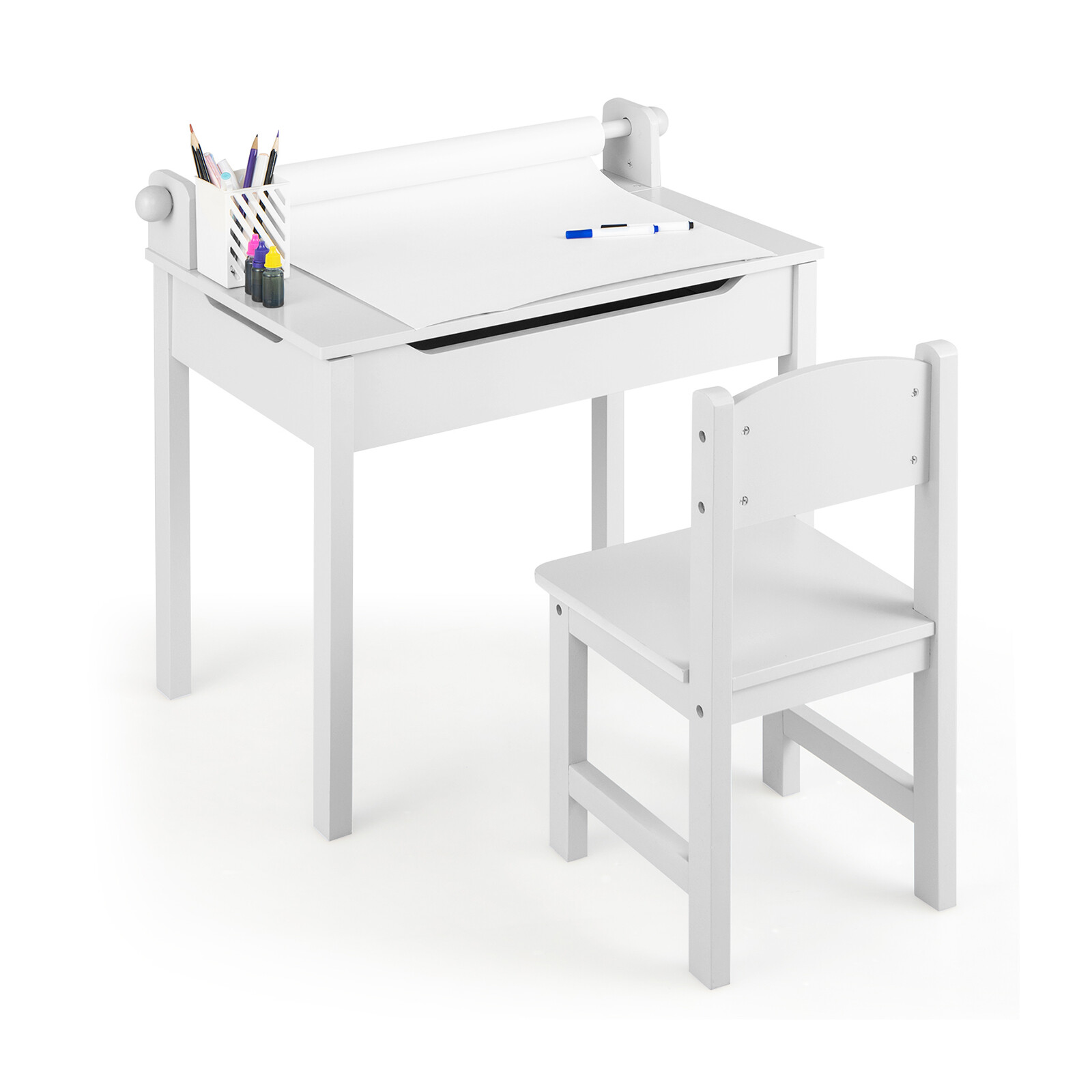 Costway Wooden Kids Table and Chair Set with Storage and Paper Roll Holder-White