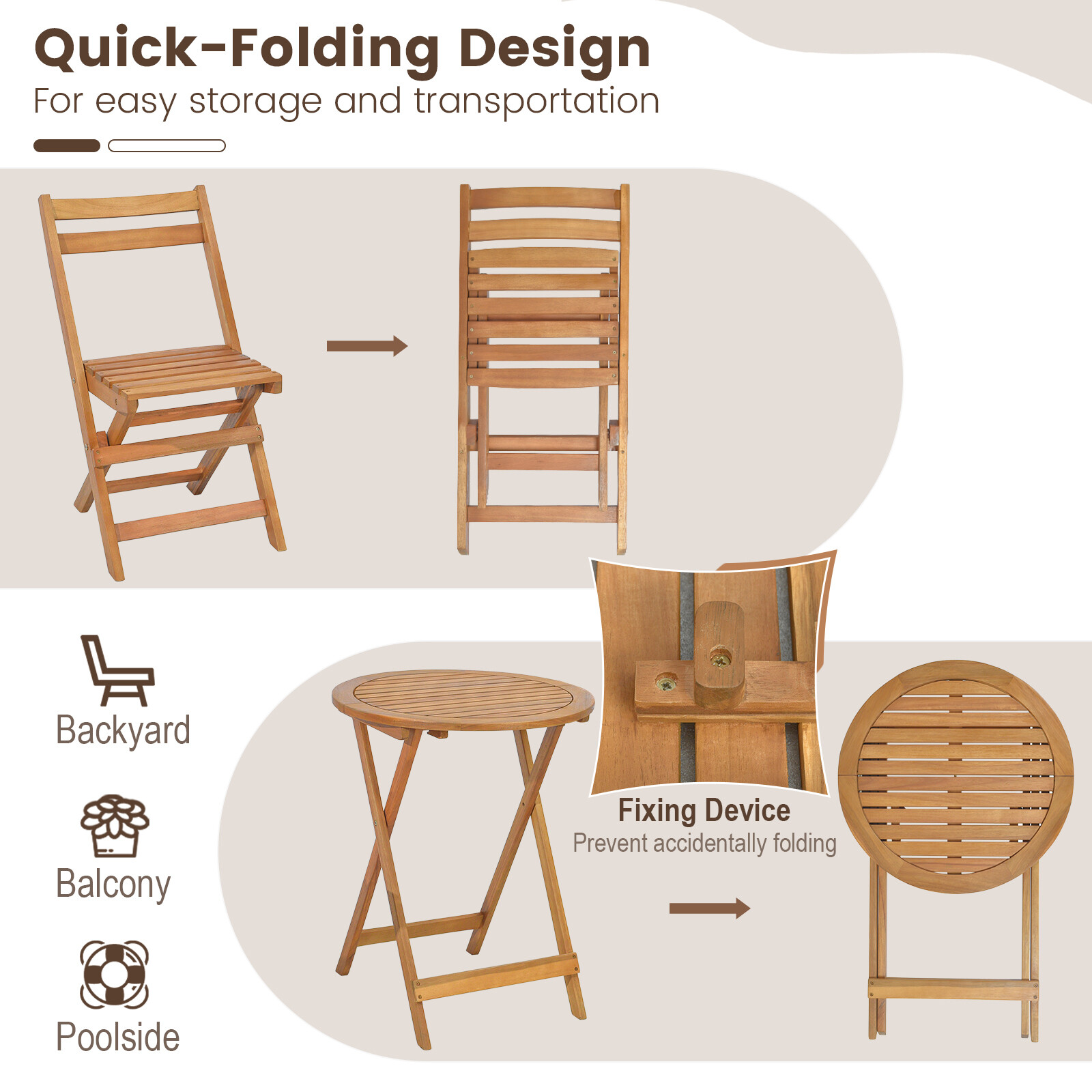 3-osaline kokkupandav terrassi-bistrookomplekt liistudega lauaplaadiga