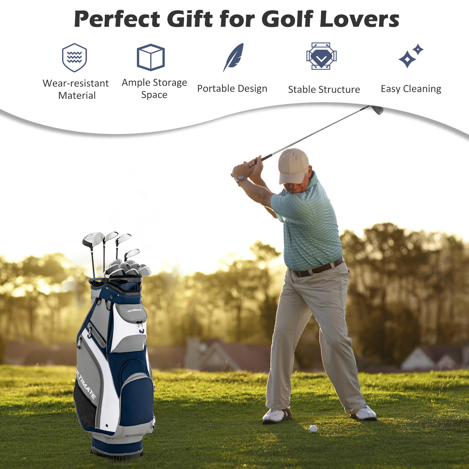 27 cm golfikott 14-suunalise vaheseina ja 7 lukuga taskuga - tumesinine