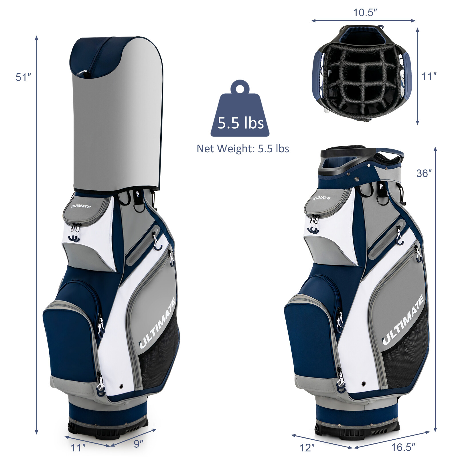 27 cm golfikott 14-suunalise vaheseina ja 7 lukuga taskuga - tumesinine