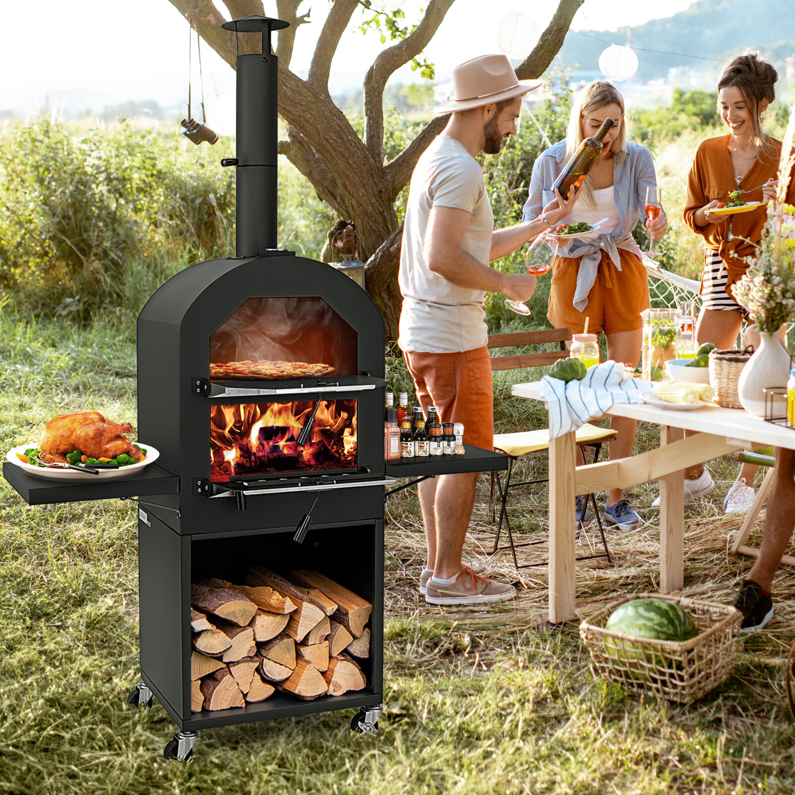 Välipizzaahi kaitsekatte, grillrestide ja sisseehitatud termomeetriga
