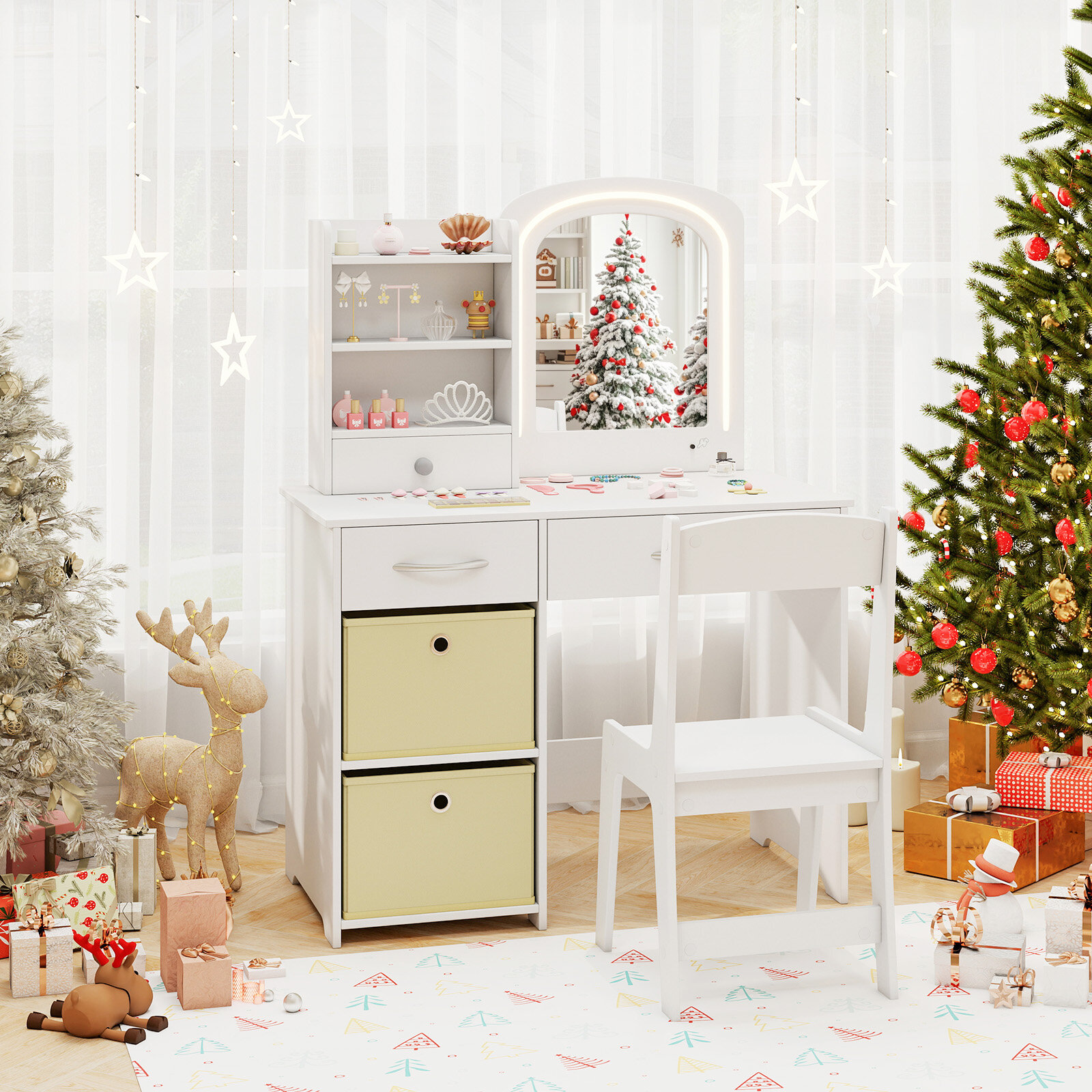 Kids Vanity Set with Lighted Mirror Makeup Desk and Chair Set with Drawers-White Kids Vanity Set with Lighted Mirror Makeup Desk and Chair Set with Drawers-White