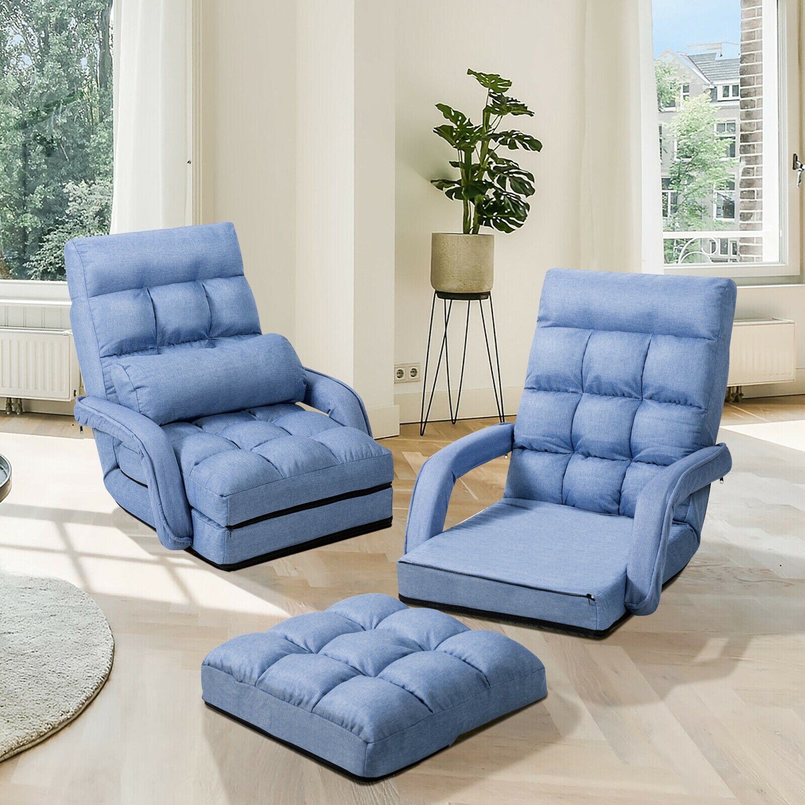 Folding Lazy Floor Chair Sofa with Armrests and Pillow-Blue Folding Lazy Floor Chair Sofa with Armrests and Pillow-Blue