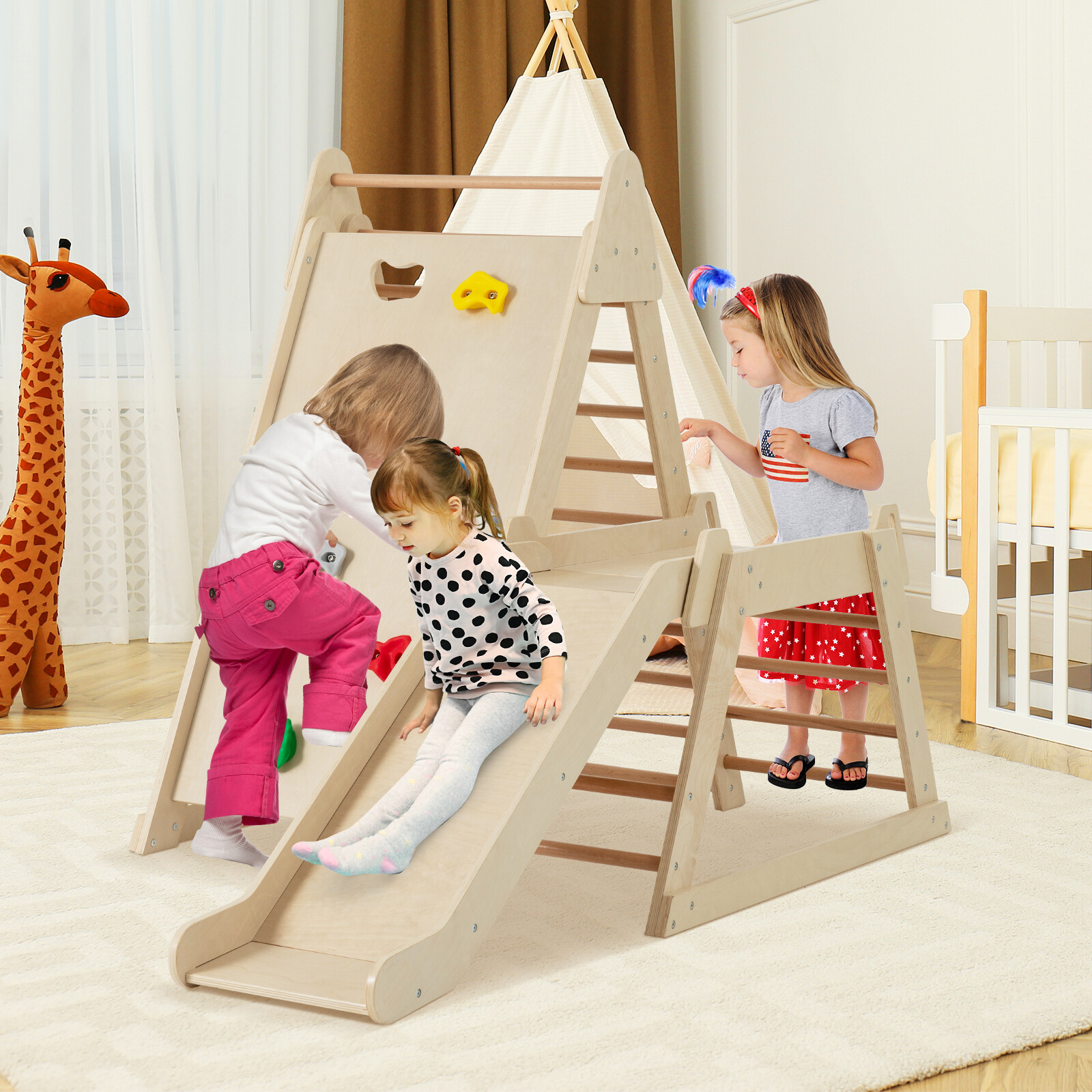 3-In 1 Jungle Gym Indoor Playground with Extended Slide for Toddlers-Natural 3-In 1 Jungle Gym Indoor Playground with Extended Slide for Toddlers-Natural