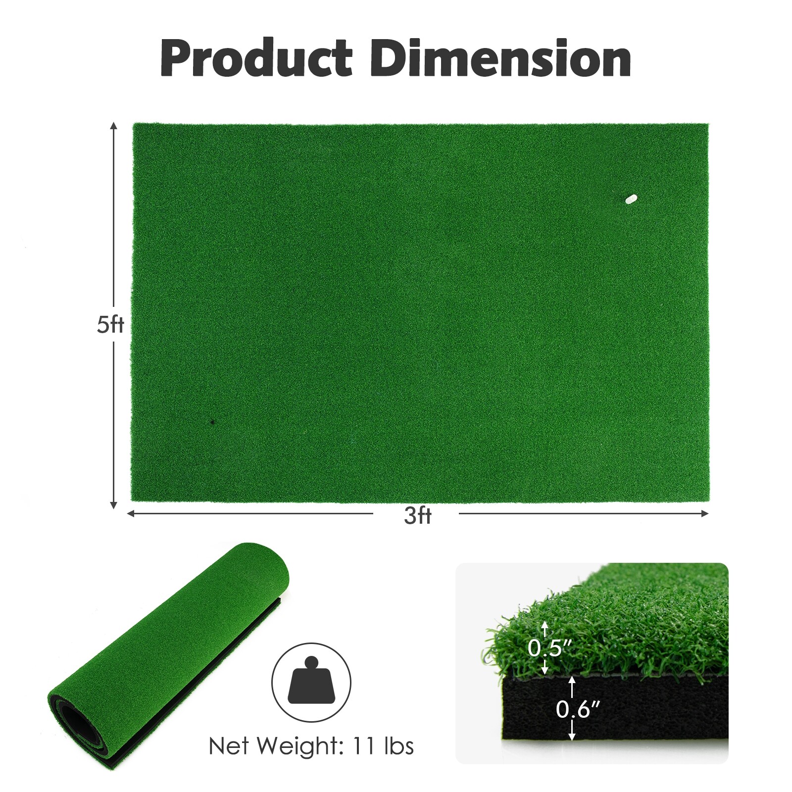 5 x 3 jala (1,5 x 0,9 m) golfimatt 3 kummist tiiga