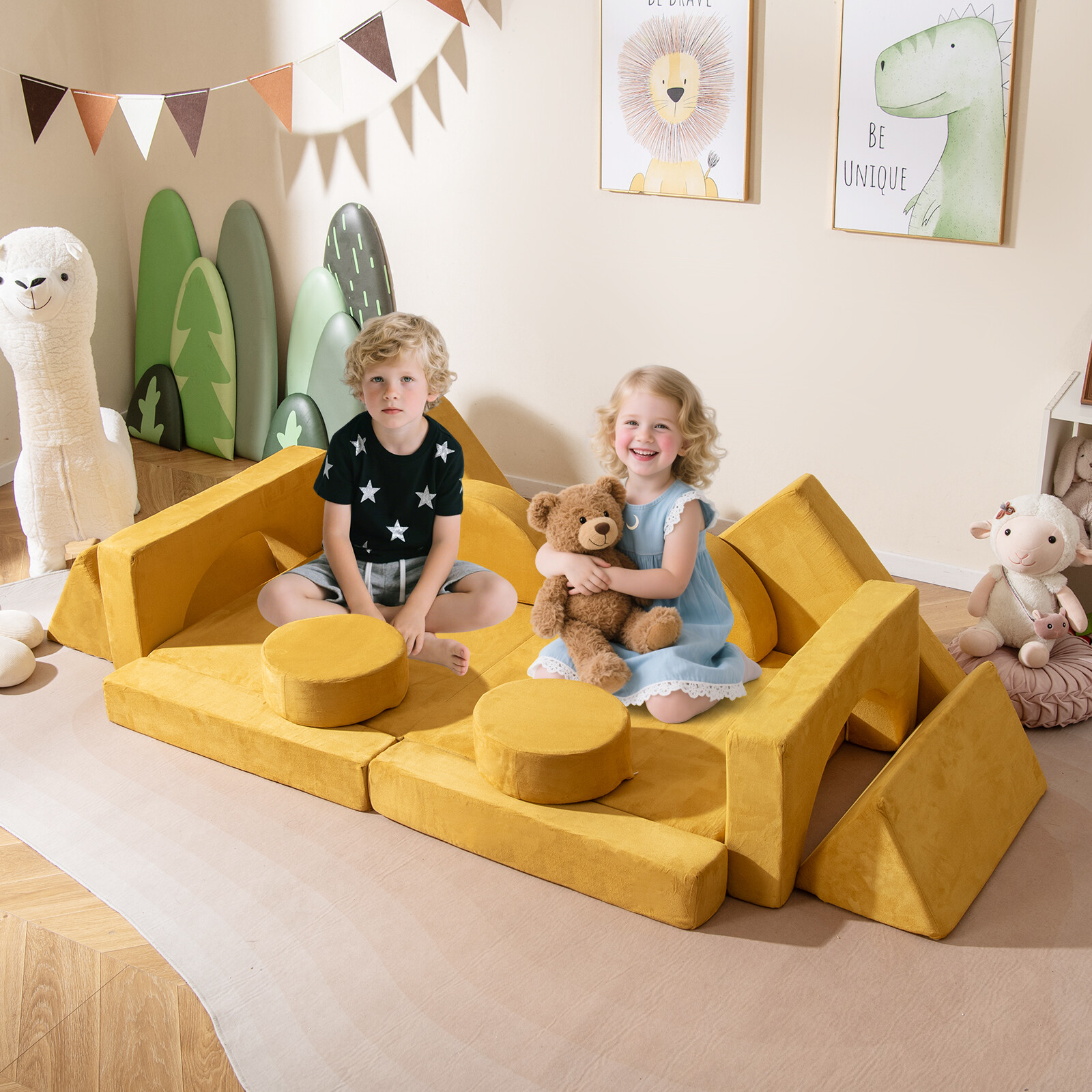 14 PCS Modular Kids Play Couch for Playroom and Bedroom-Yellow 14 PCS Modular Kids Play Couch for Playroom and Bedroom-Yellow
