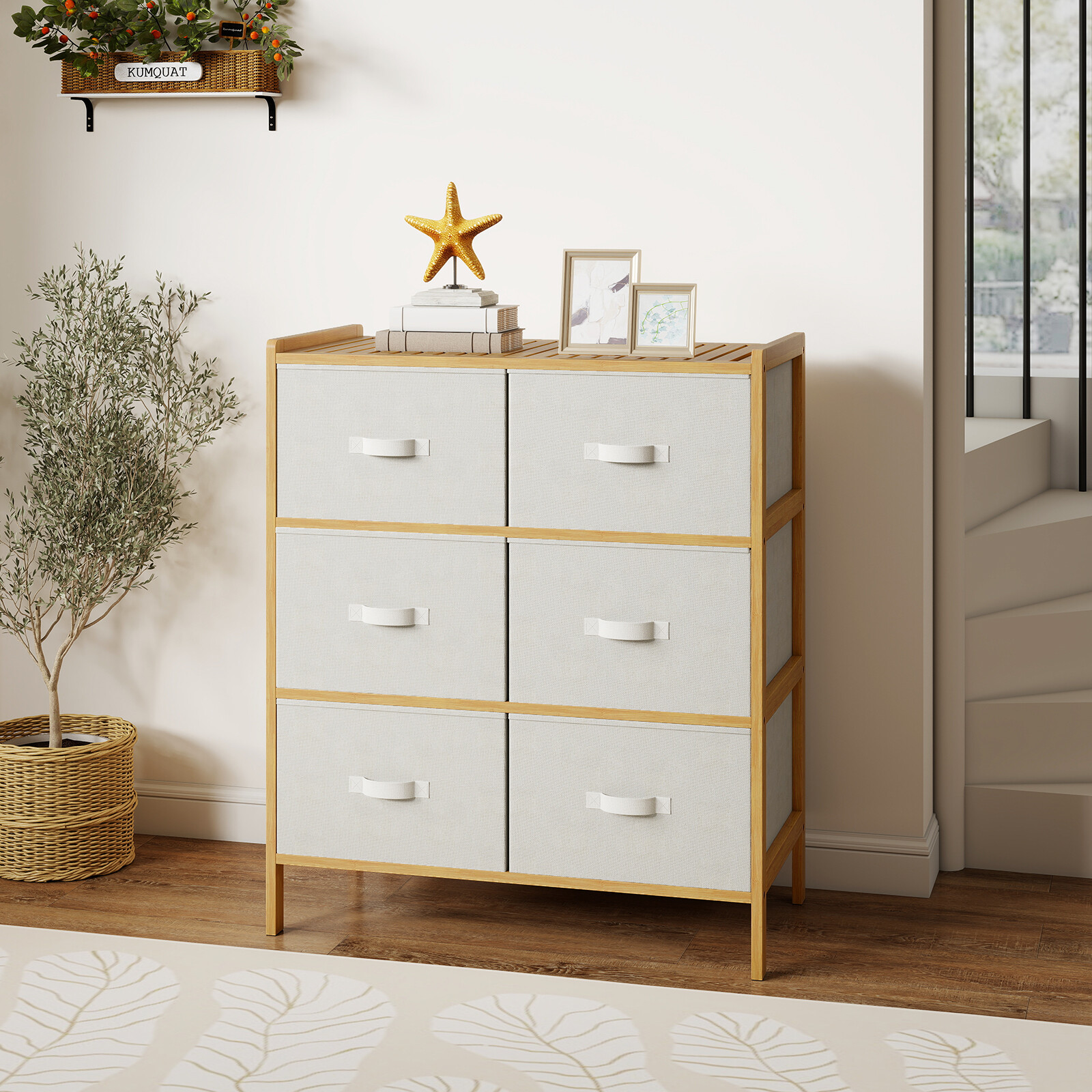 Fabric Dresser with 6 Drawers with 6 Folding Fabric Bins for Bedroom Living Room-Natural