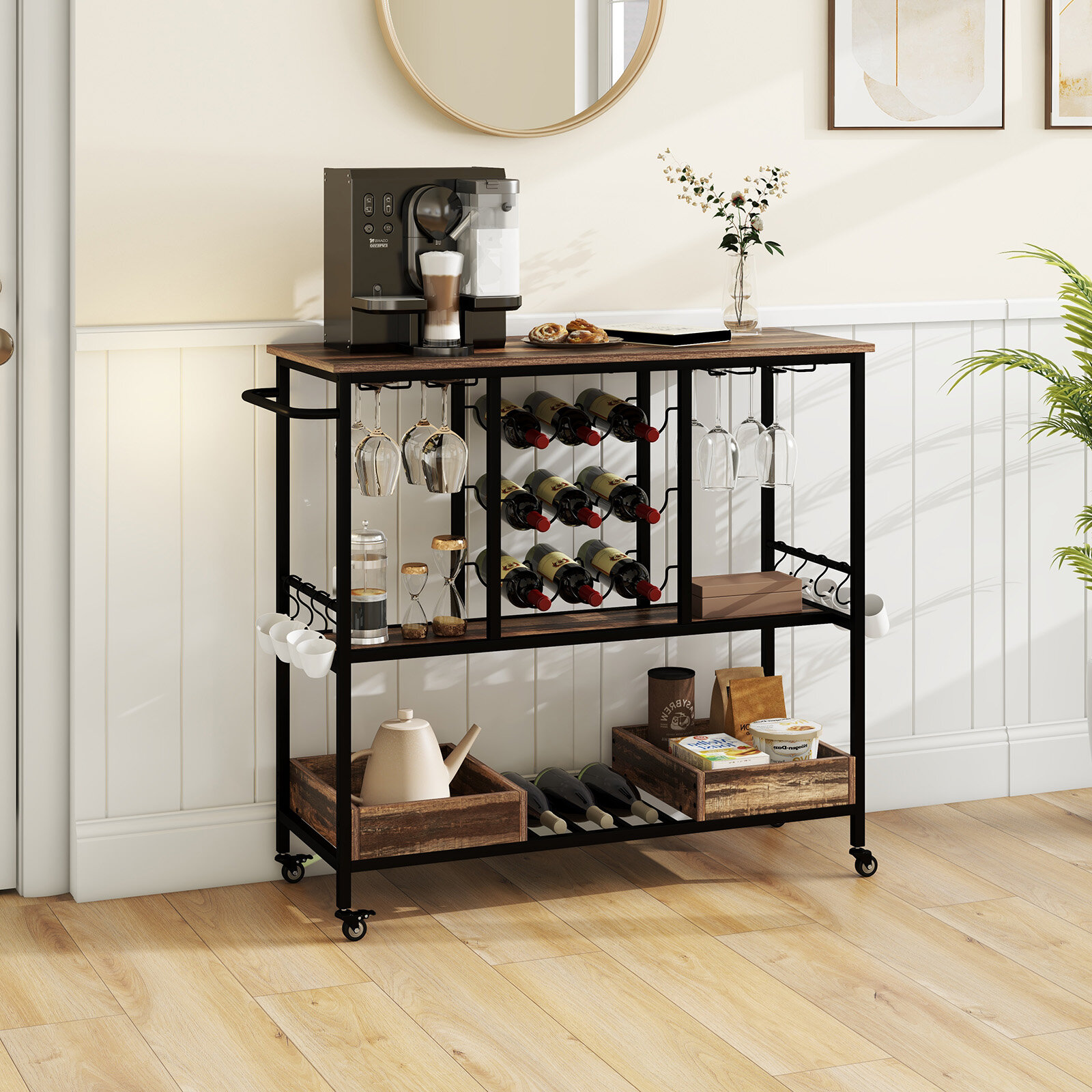3 Tiers Bar Cart on Wheels with Glass Racks-Brown 3 Tiers Bar Cart on Wheels with Glass Racks-Brown