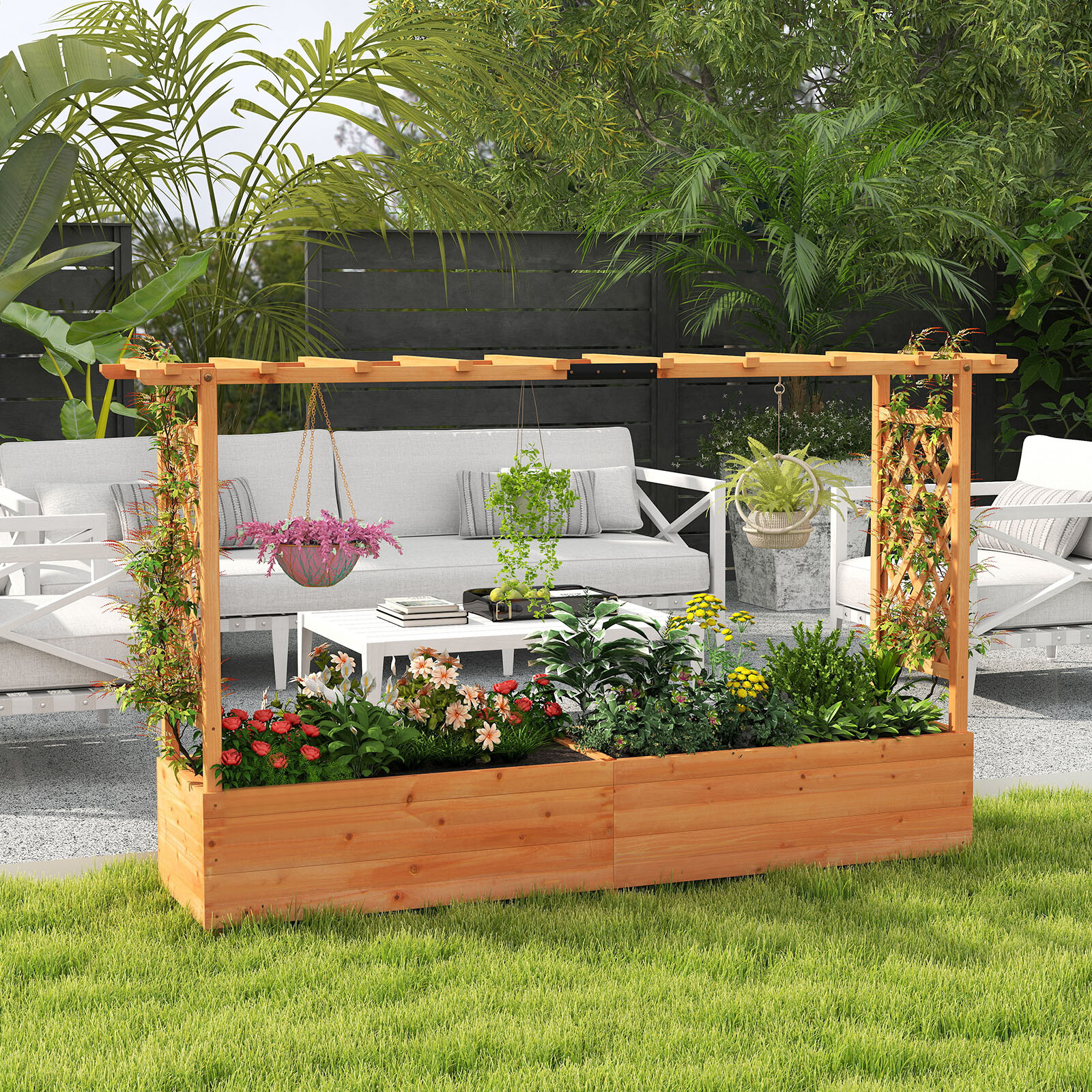Raised Garden Bed Planter Box with Lattice Trellis Drainage Holes Raised Garden Bed Planter Box with Lattice Trellis Drainage Holes