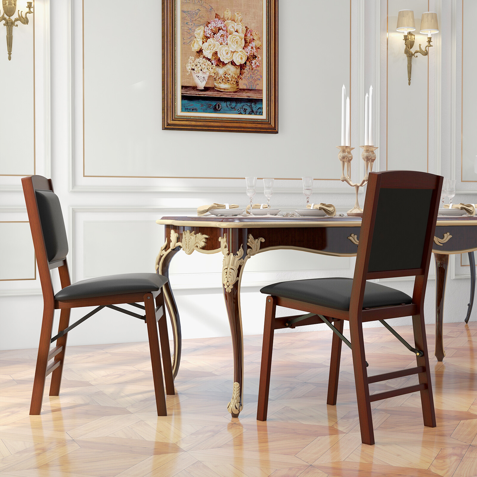 Set of 2 Folding Dining Chairs with Padded Seat and High Backrest-Brown Set of 2 Folding Dining Chairs with Padded Seat and High Backrest-Brown