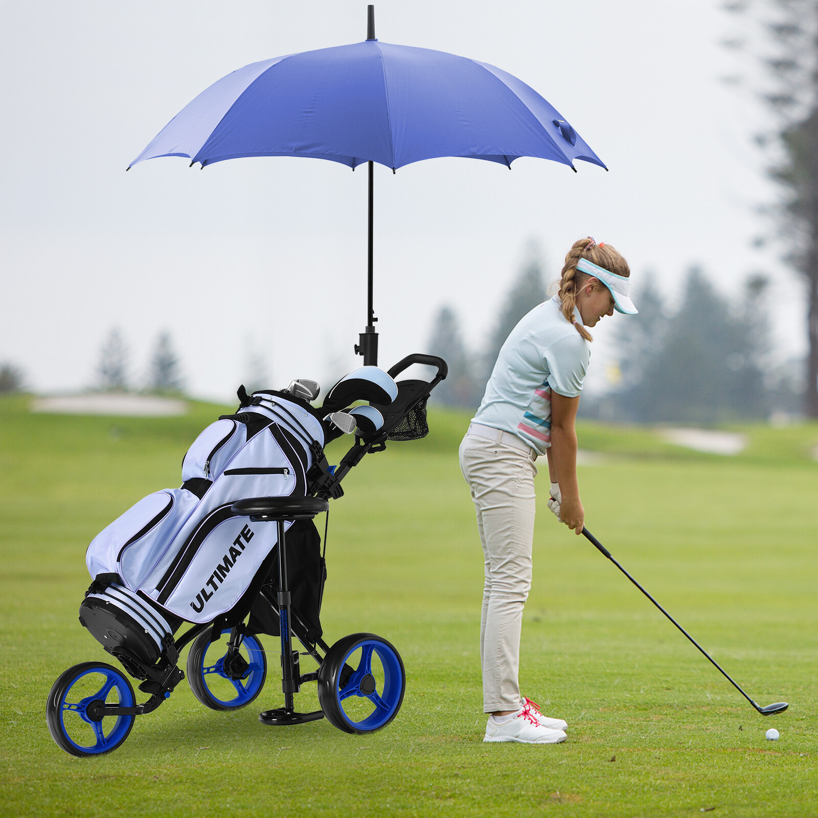 3 Wheels Folding Golf Push Cart with Seat Scoreboard and Adjustable Handle-Blue 3 Wheels Folding Golf Push Cart with Seat Scoreboard and Adjustable Handle-Blue