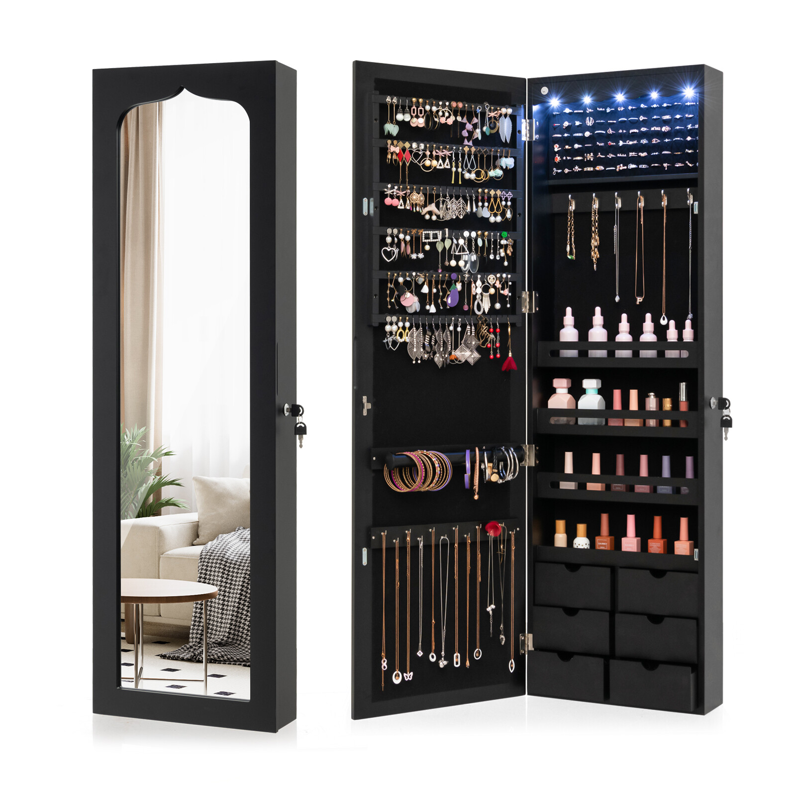 Lukustatav seinale kinnitatav peegliga ehtekapp 5 LED-valgusti ja 6 sahtliga - must