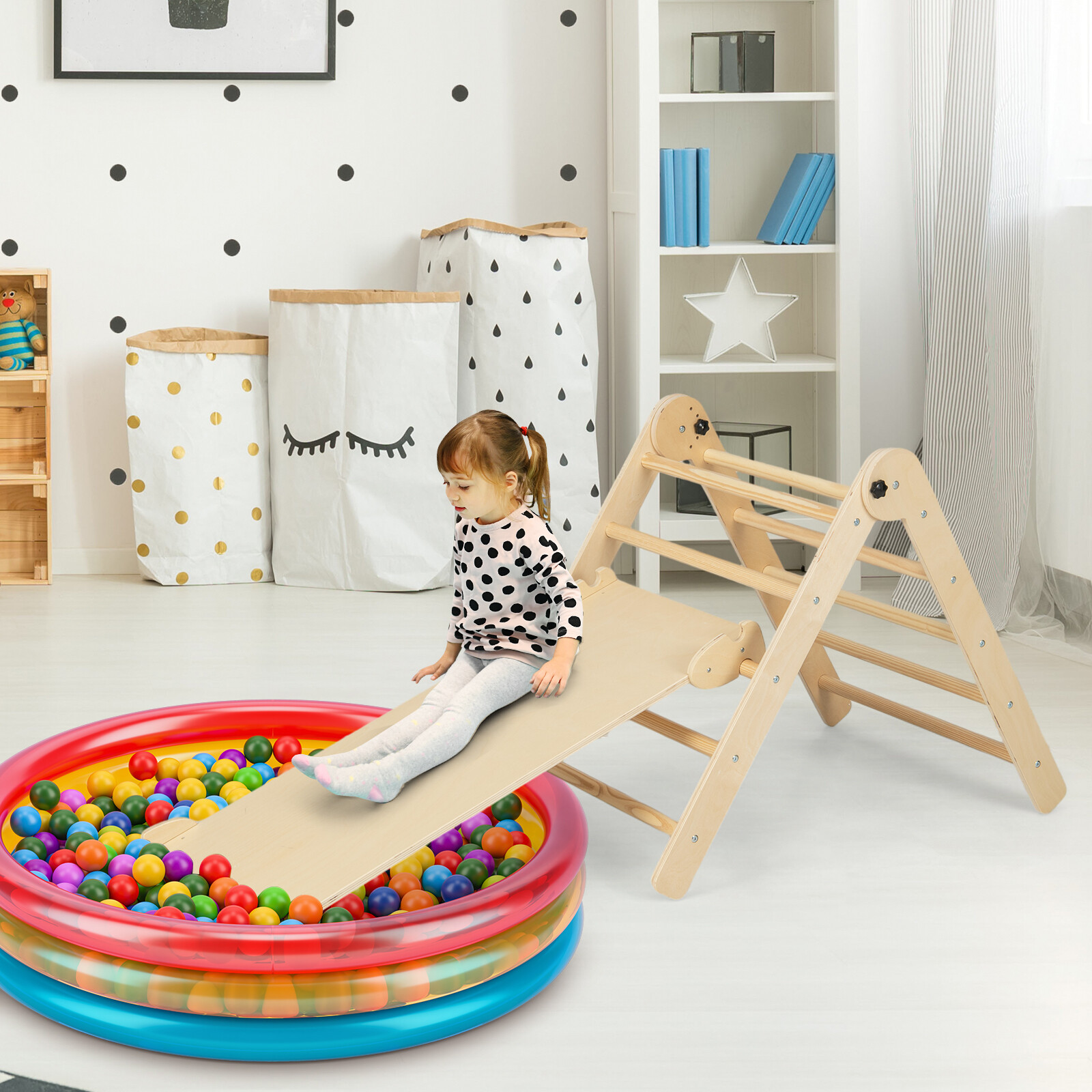 3-in-1 Climbing Set Foldable and Adjustable Kids Triangle Set-Natural 3-in-1 Climbing Set Foldable and Adjustable Kids Triangle Set-Natural