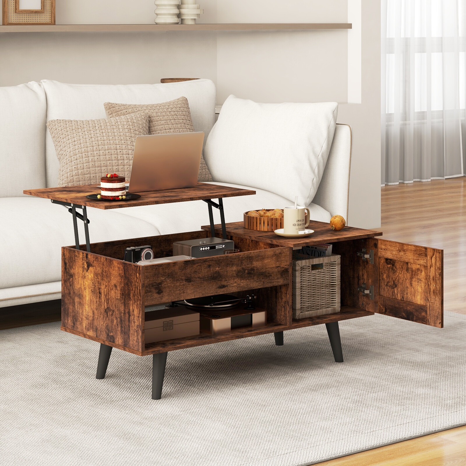 Lift Top Coffee Table with Storage and Hidden Compartment-Rustic Brown Lift Top Coffee Table with Storage and Hidden Compartment-Rustic Brown