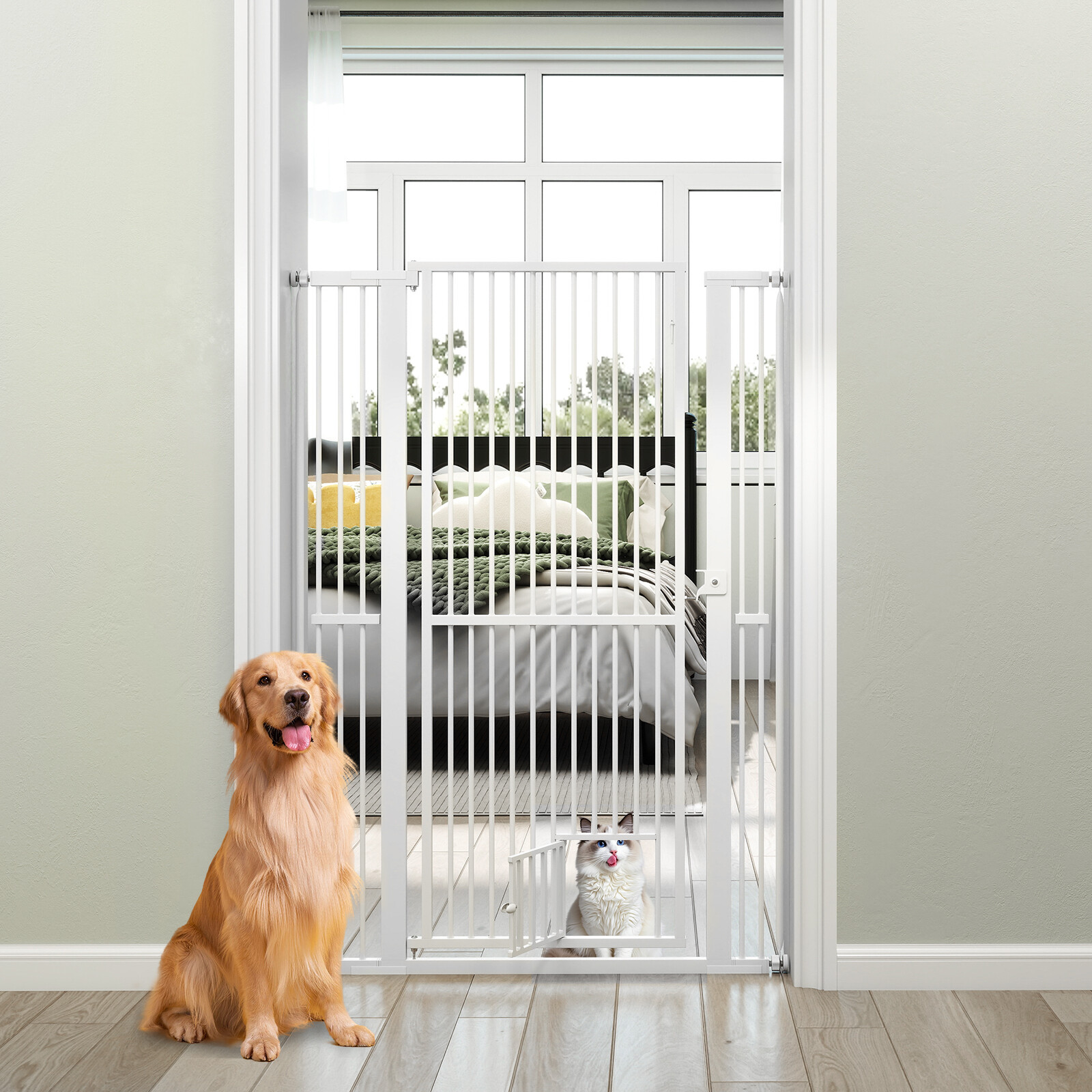 59” Extra Tall Pet Gate Heavy-Duty Metal Cat Gate with Wide Opening-White 59” Extra Tall Pet Gate Heavy-Duty Metal Cat Gate with Wide Opening-White