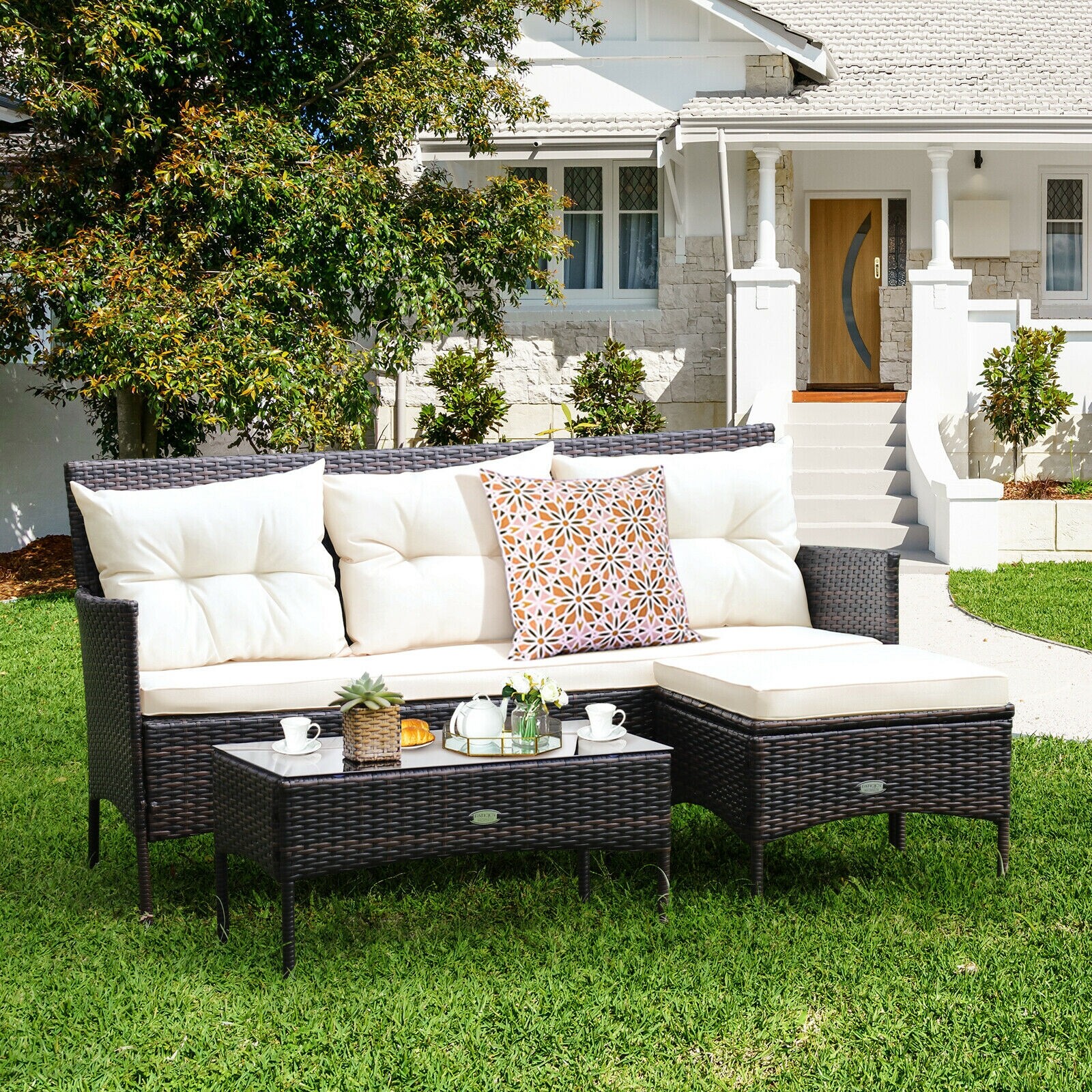 3 Pieces Patio Furniture Sectional Set with 5 Cozy Seat and Back Cushions-White 3 Pieces Patio Furniture Sectional Set with 5 Cozy Seat and Back Cushions-White