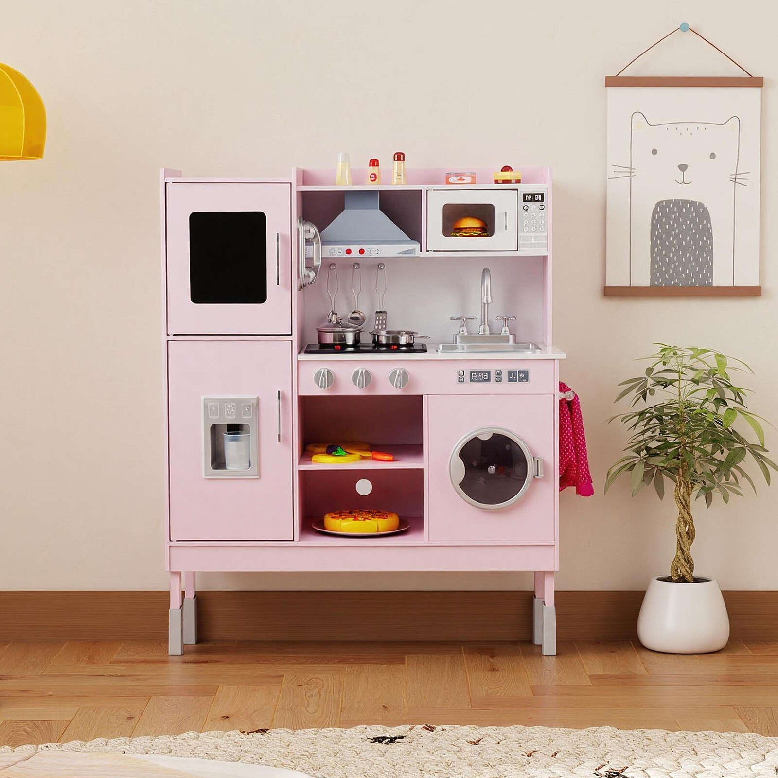 Pretend Play Kitchen Toy Kitchen Playset with Range Hood Ice Maker and Telephone-Pink