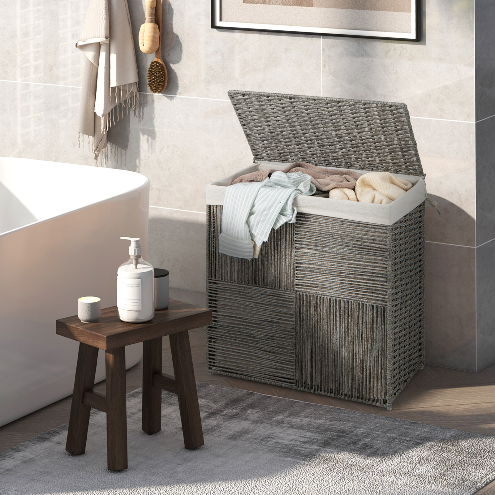 29 Gallons Laundry Hamper with Convenient Handles and Removable Liner Bag-Gray 29 Gallons Laundry Hamper with Convenient Handles and Removable Liner Bag-Gray