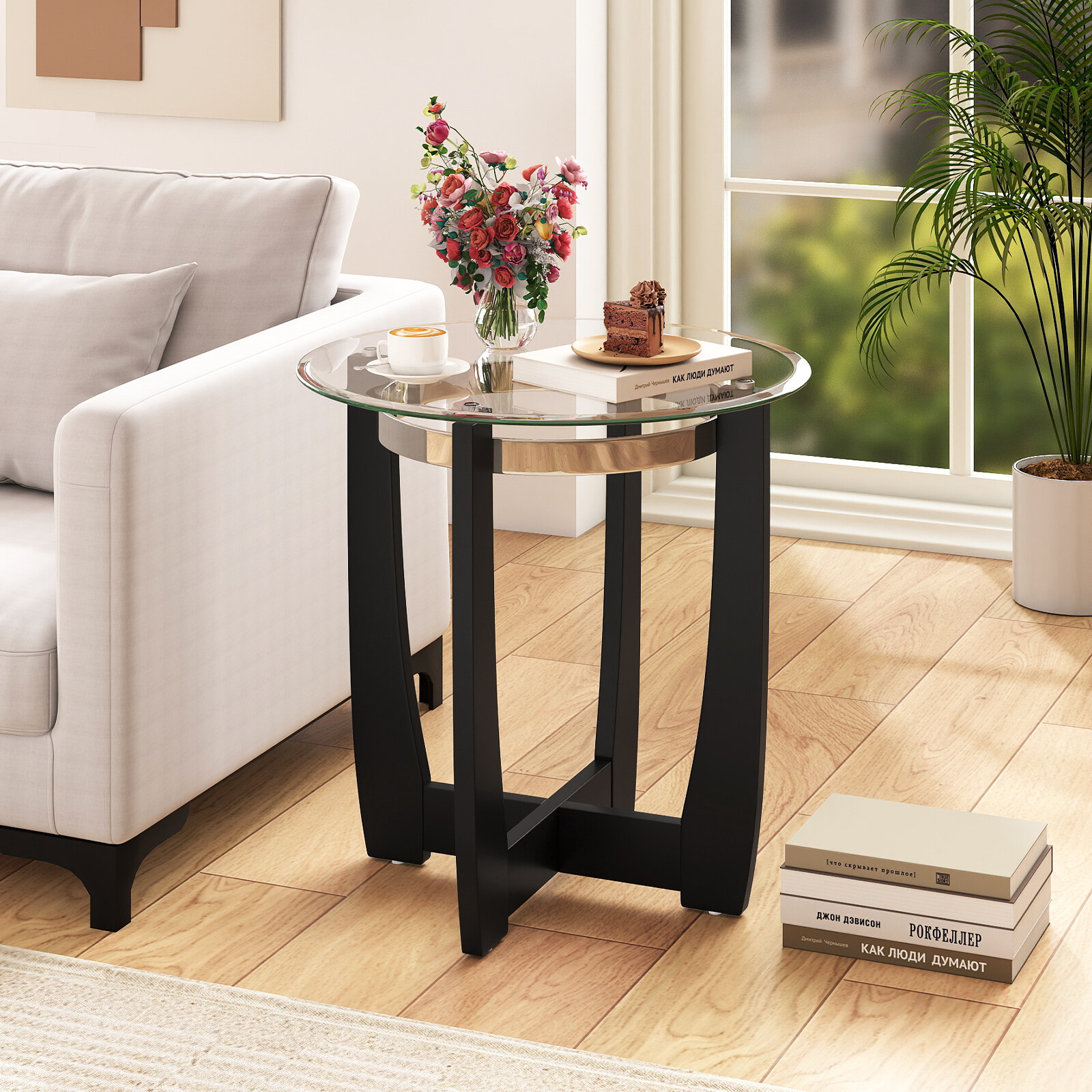 24 Inches Round Side Table with Tempered Glass Top and Solid Rubber Wood Base-Black