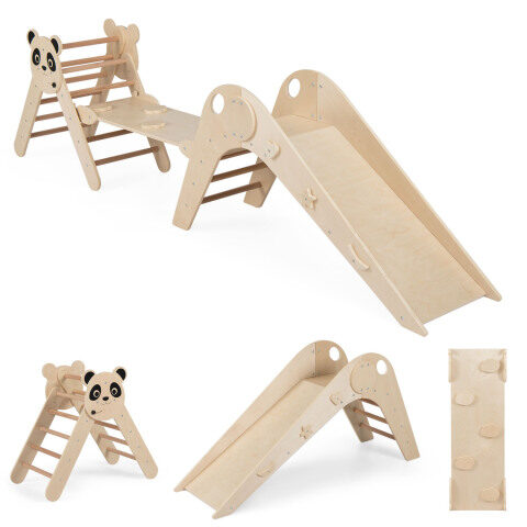 Kolmnurkne kokkupandav laste ronimismänguasjade komplekt panda-teemaline puidust Montessori ronimiskomplekt - naturaalne