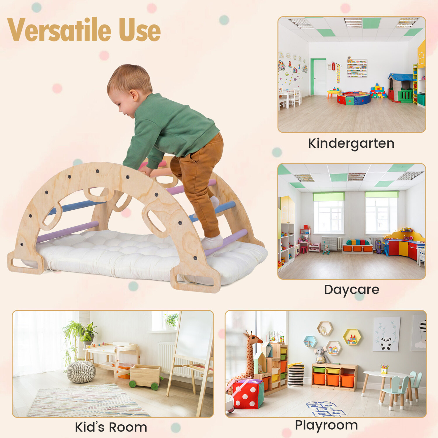 Puidust kiikronimiskaar padjaga, 3-ühes Montessori laste ronimiskiik - mitmevärviline