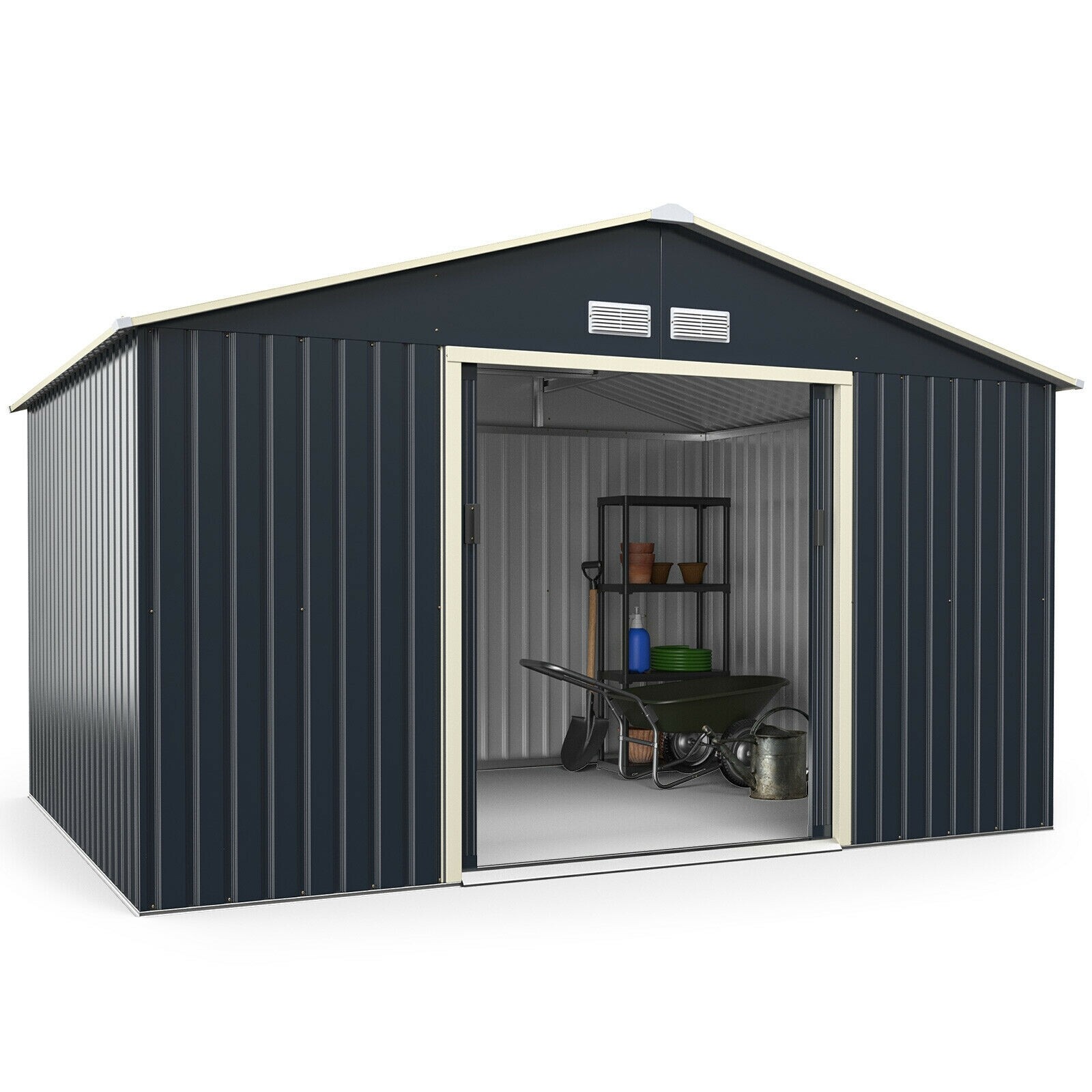11 x 8 jala (3,4 x 2,4 meetri) suurune metallist aia- ja tööriistakuur kahe lukustatava lükandukse ja halliga