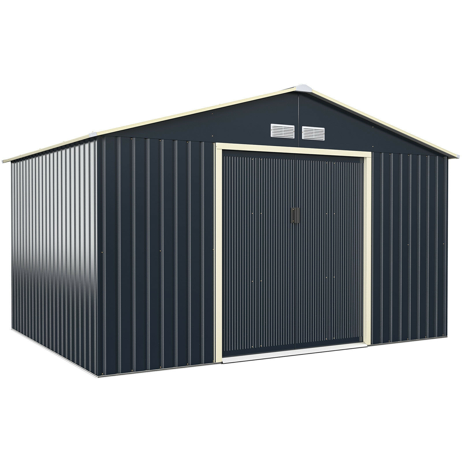 11 x 8 jala (3,4 x 2,4 meetri) suurune metallist aia- ja tööriistakuur kahe lukustatava lükandukse ja halliga