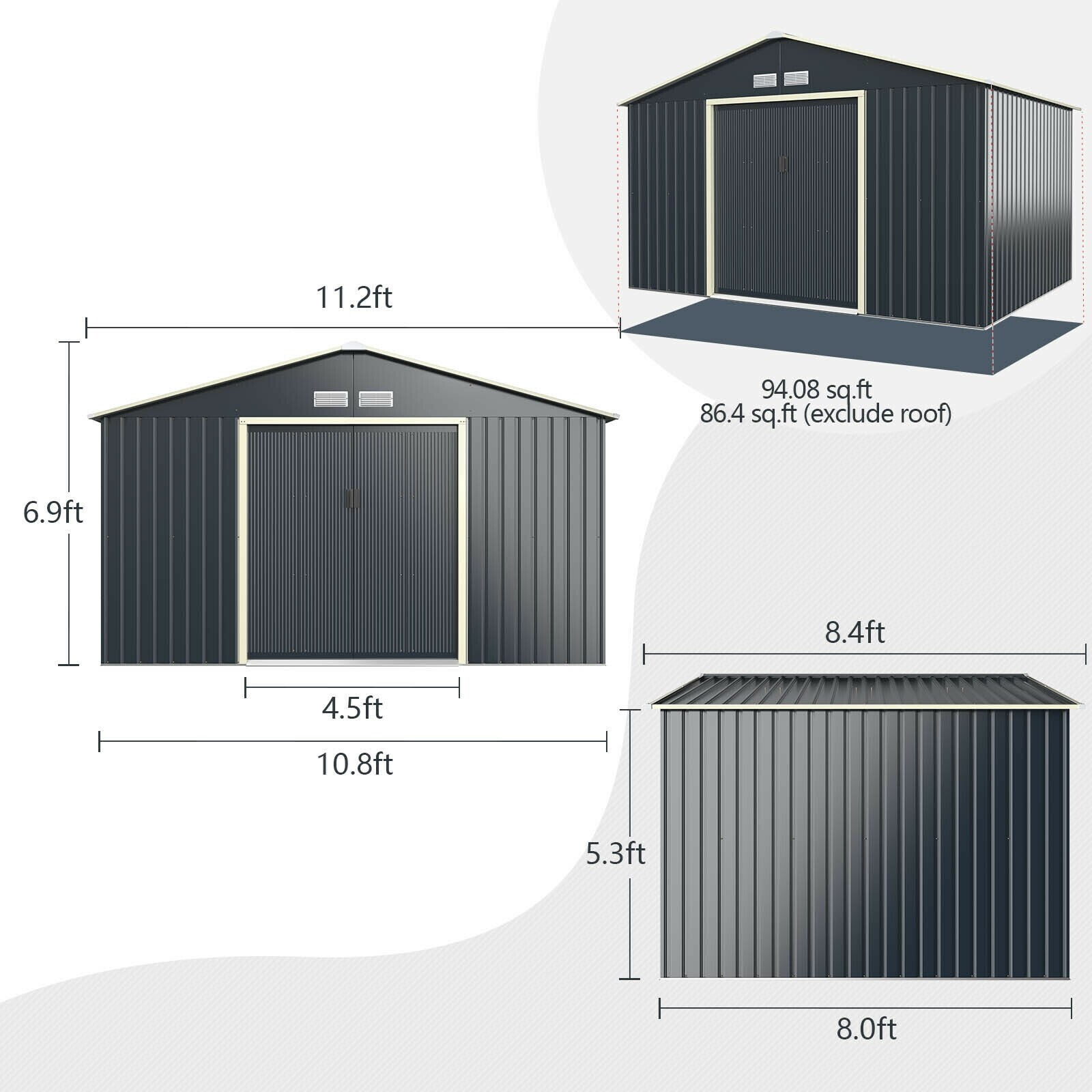 11 x 8 jala (3,4 x 2,4 meetri) suurune metallist aia- ja tööriistakuur kahe lukustatava lükandukse ja halliga