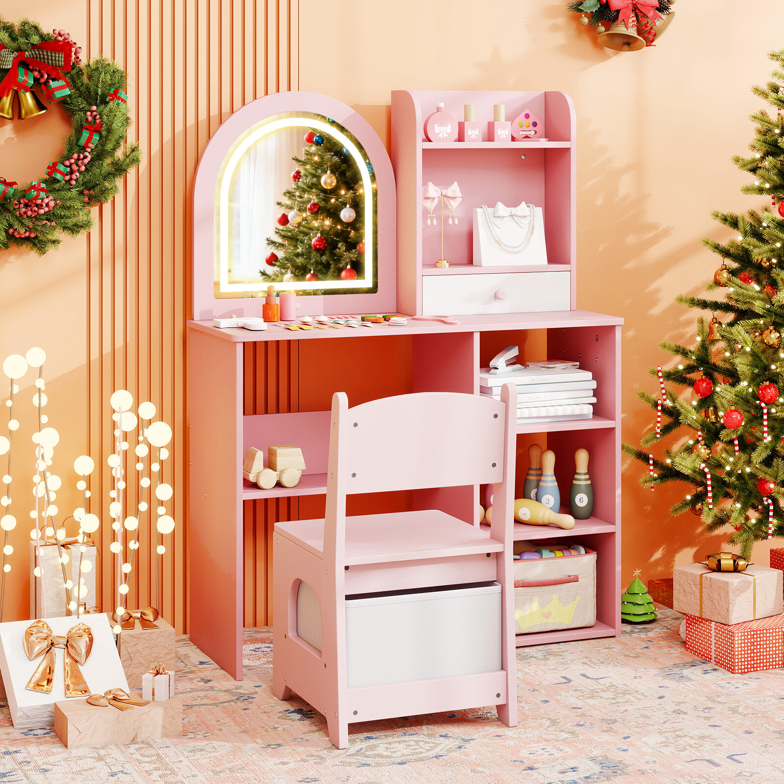 Kids Vanity Set Princess Girls Makeup Vanity Desk with Chair and 3-Color LED Lighted Mirror-Pink Kids Vanity Set Princess Girls Makeup Vanity Desk with Chair and 3-Color LED Lighted Mirror-Pink