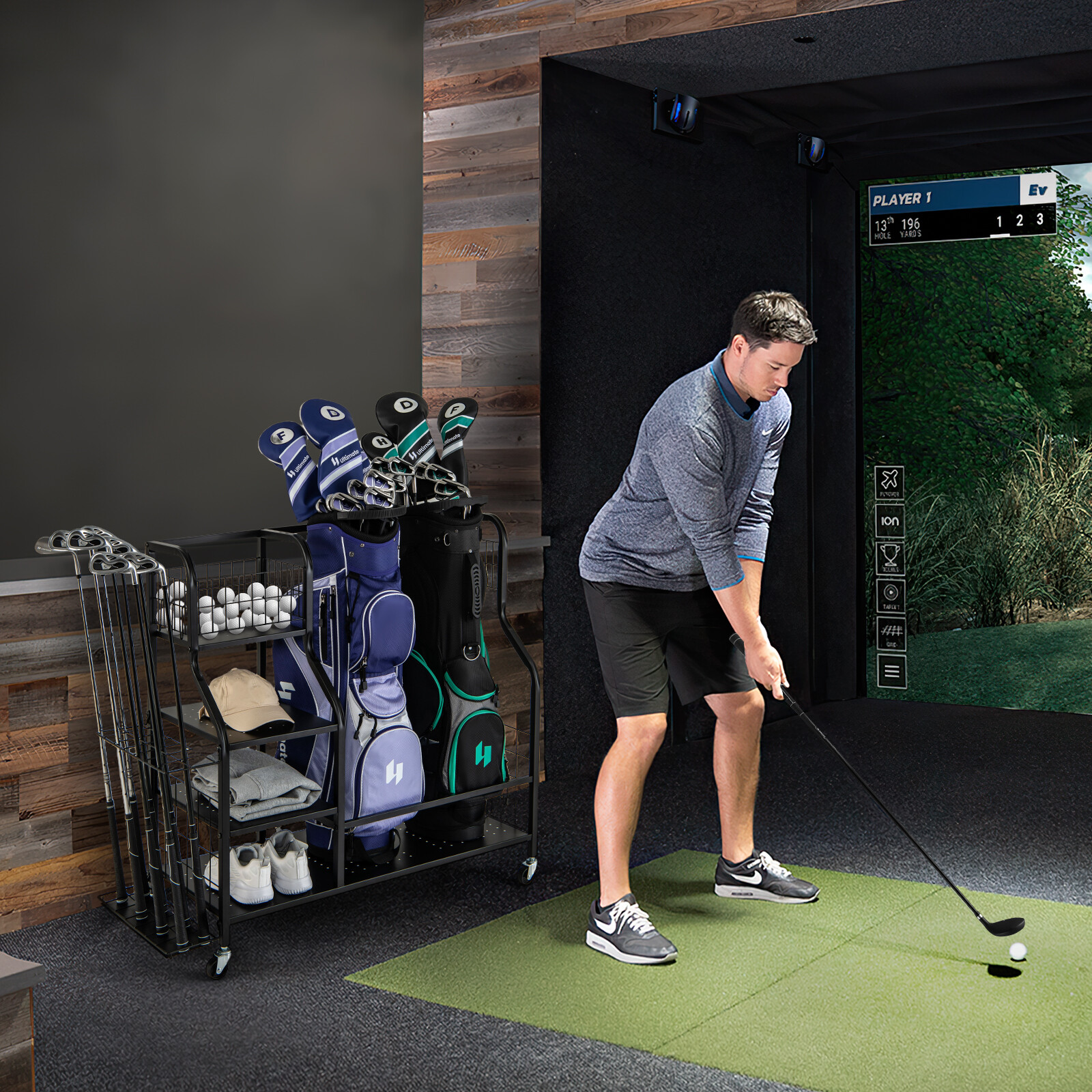 Golfikoti korraldaja kahele golfikotile koos golfikeppide hoidiku ja lukustatavate ratastega - must