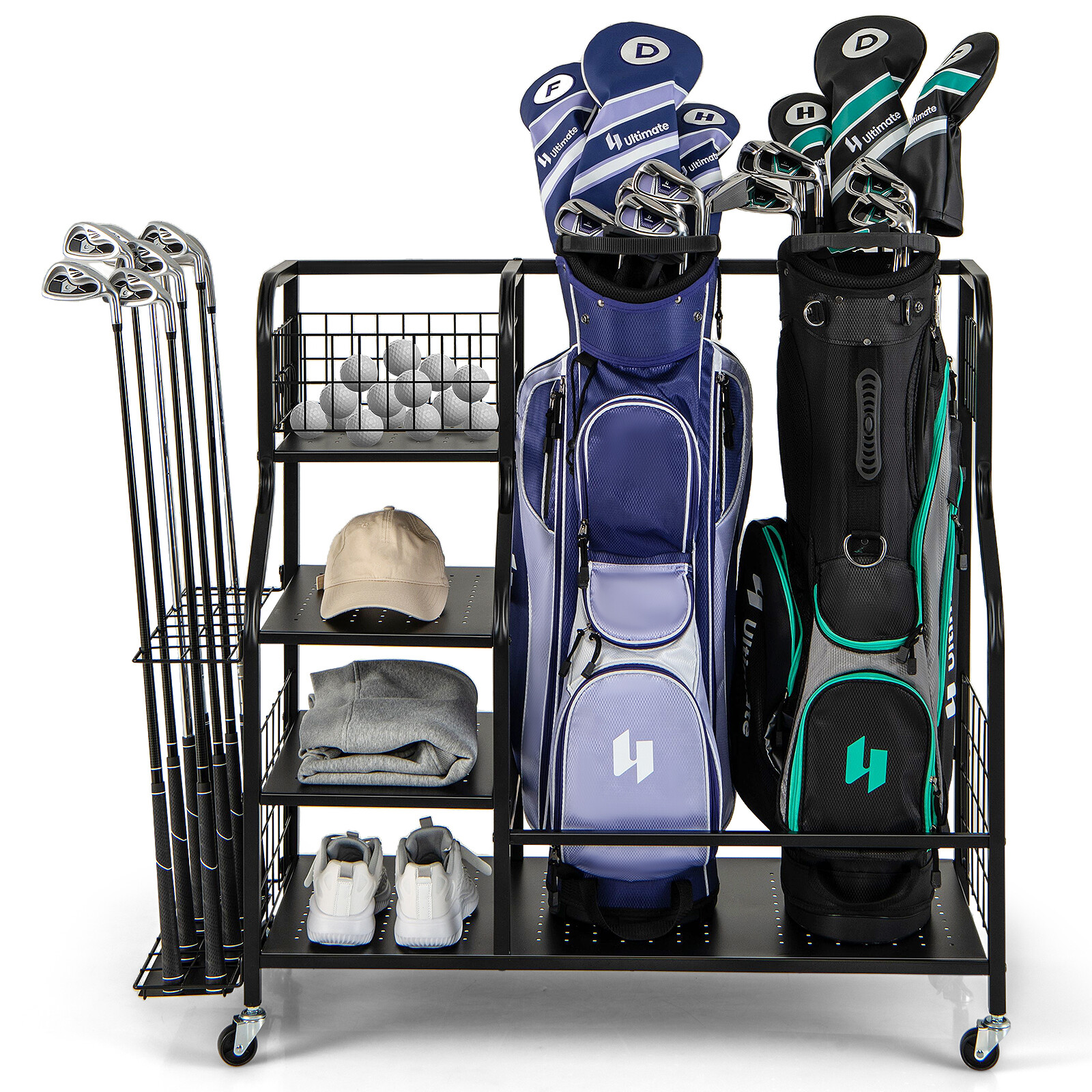 Golfikoti korraldaja kahele golfikotile koos golfikeppide hoidiku ja lukustatavate ratastega - must