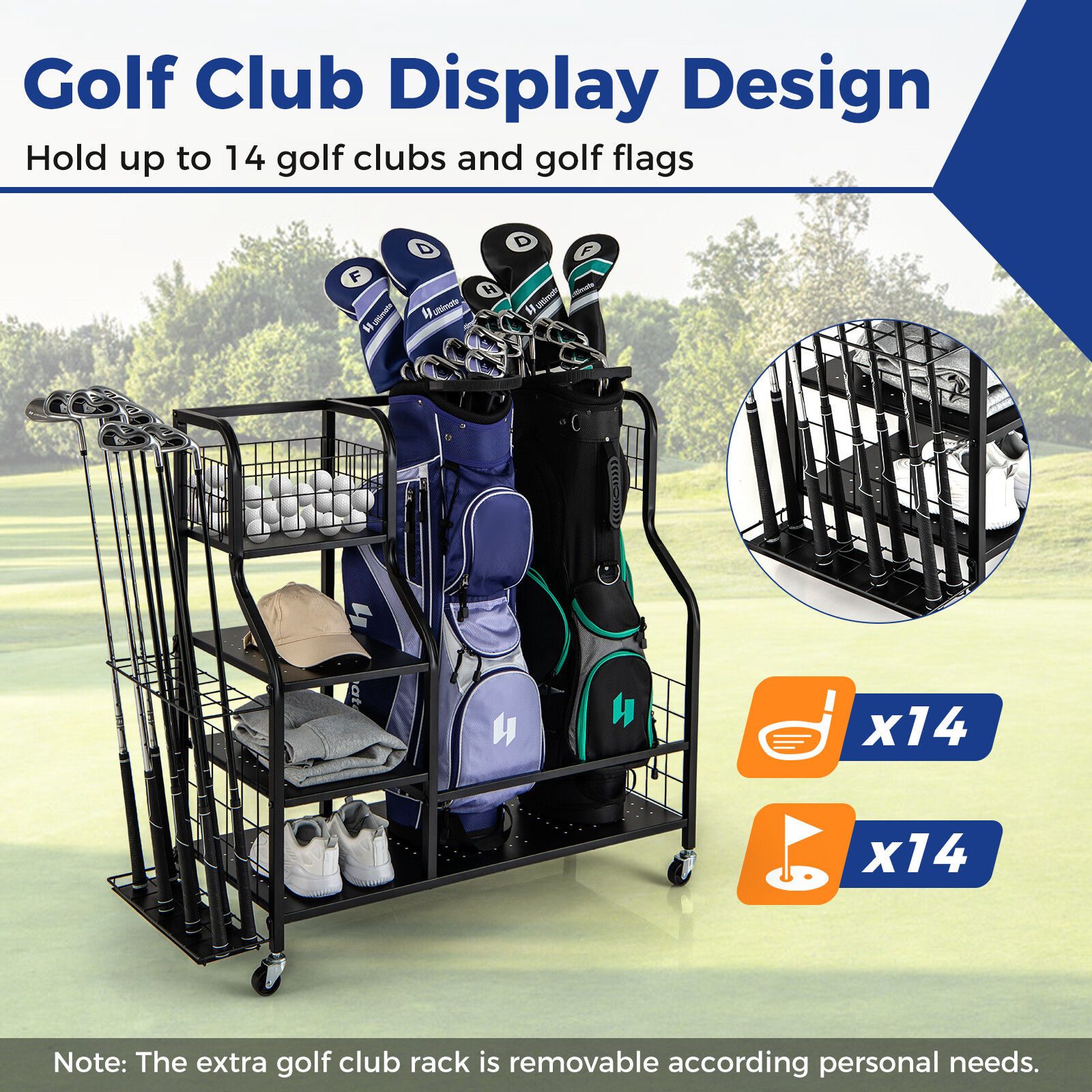 Golfikoti korraldaja kahele golfikotile koos golfikeppide hoidiku ja lukustatavate ratastega - must