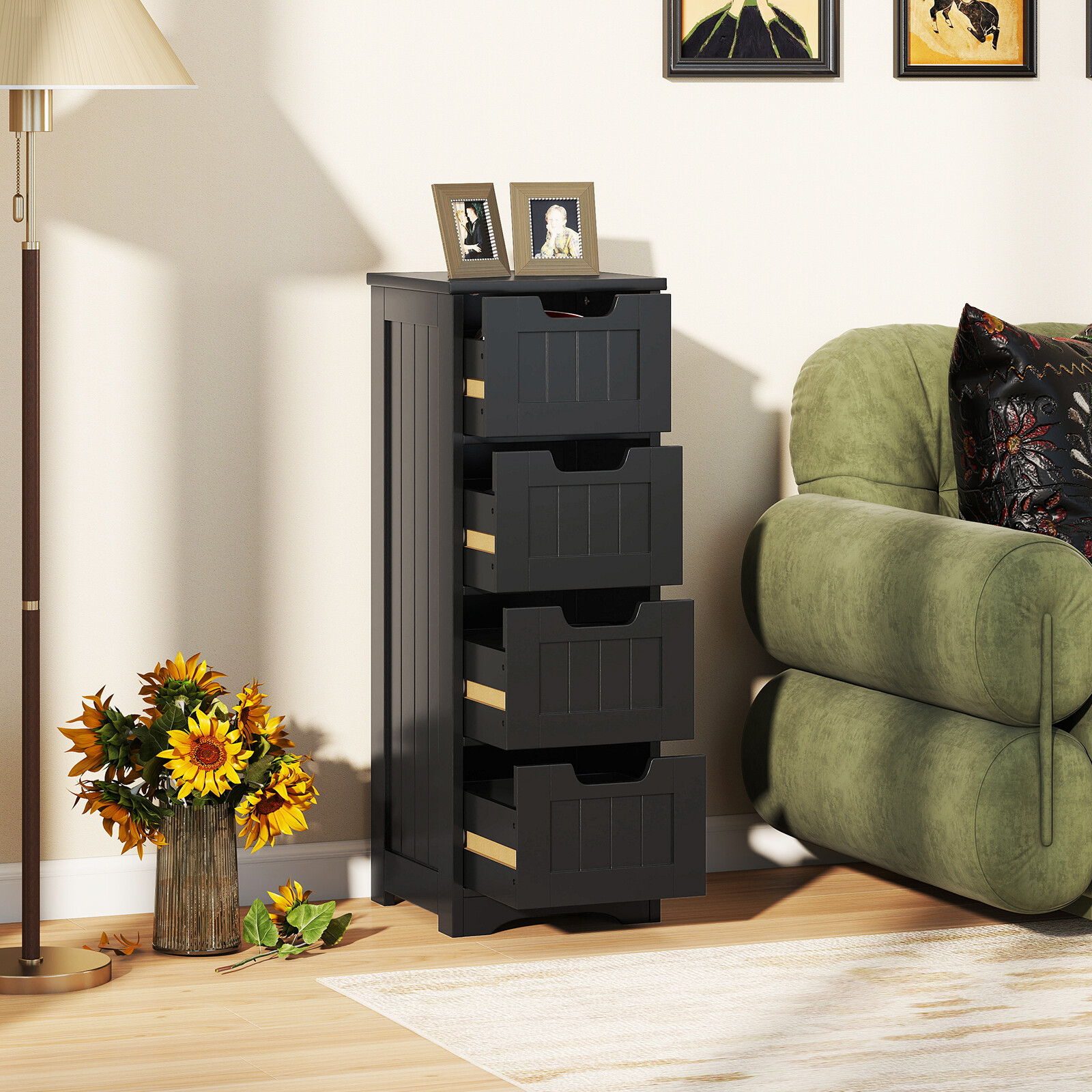 Slim Storage Cabinet with 4 Drawers Bathroom Floor Cabinet Freestanding Drawer Chest-Black