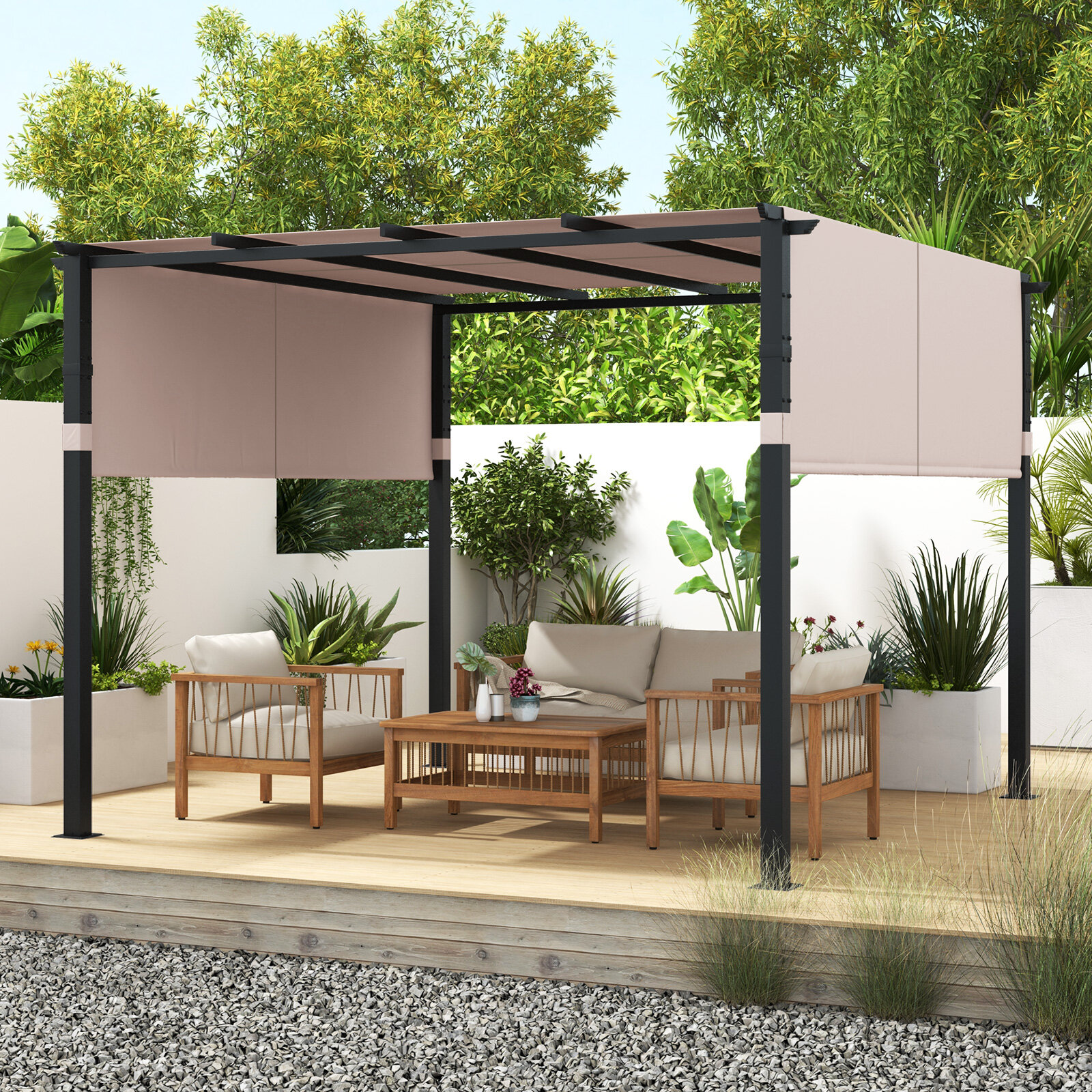 10 x 10 jala (3 x 3 m) lameda ülaosaga pergola väljatõmmatava varikatusega aia, basseini ääres ja tagaaias - beež