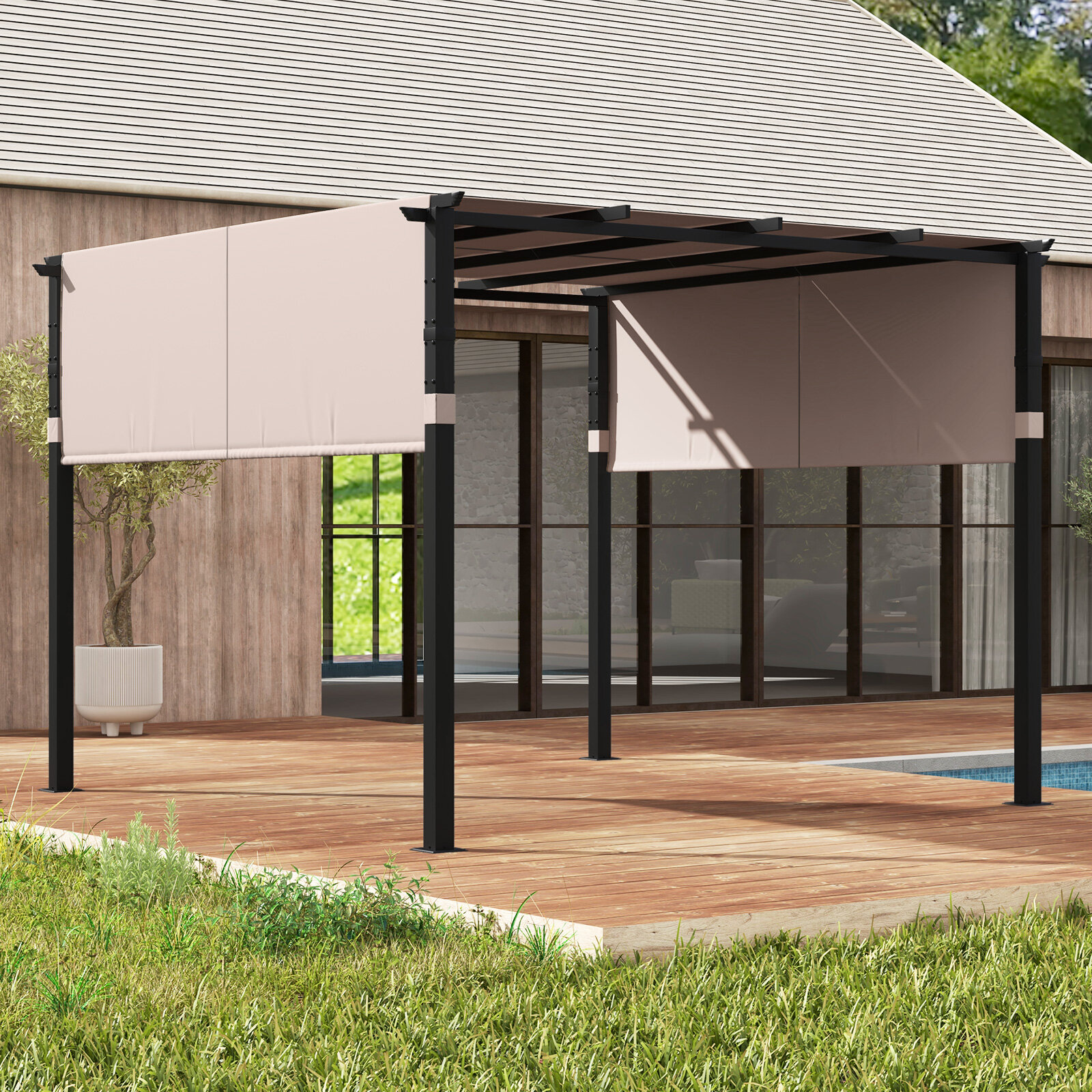 10 x 10 jala (3 x 3 m) lameda ülaosaga pergola väljatõmmatava varikatusega aia, basseini ääres ja tagaaias - beež