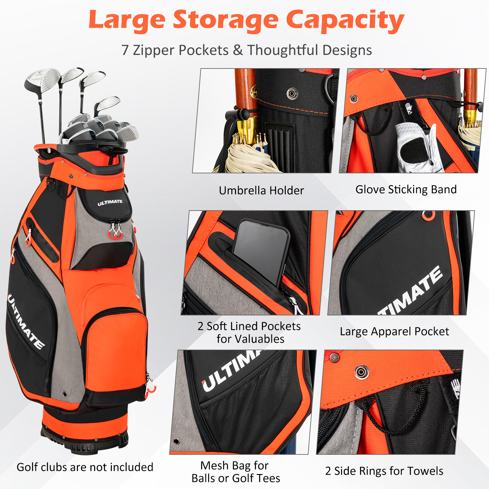 27 cm golfikott 14-suunalise vaheseina ja 7 lukuga taskuga - oranž