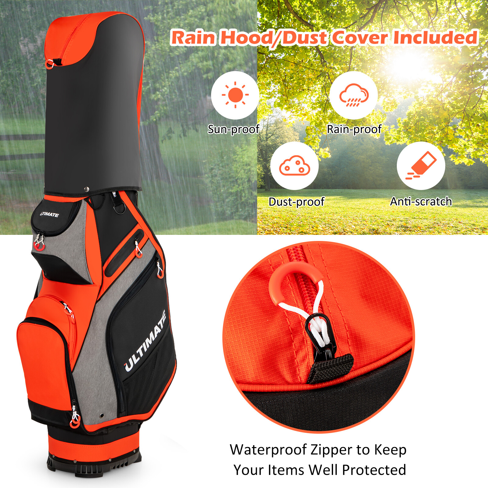 27 cm golfikott 14-suunalise vaheseina ja 7 lukuga taskuga - oranž