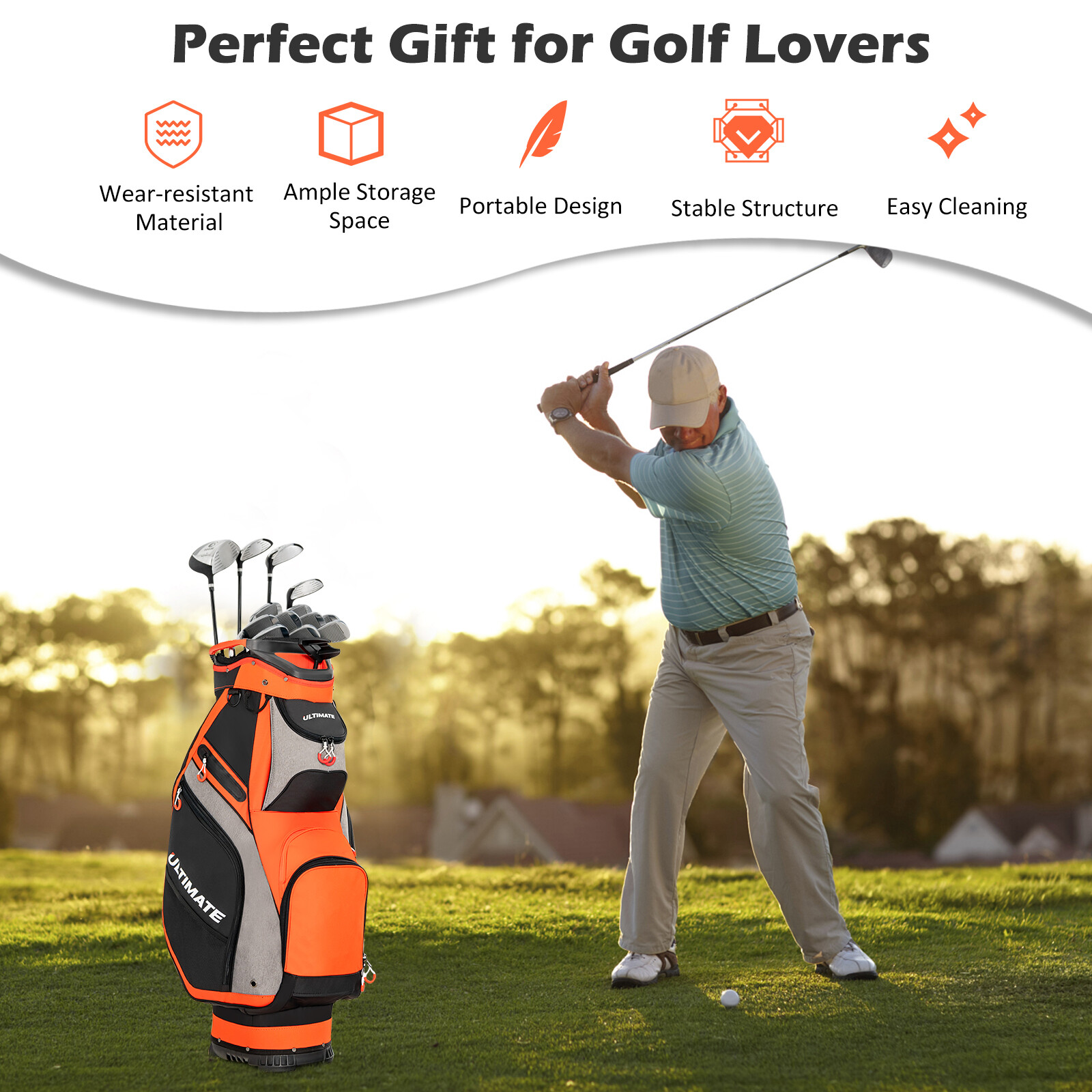 27 cm golfikott 14-suunalise vaheseina ja 7 lukuga taskuga - oranž