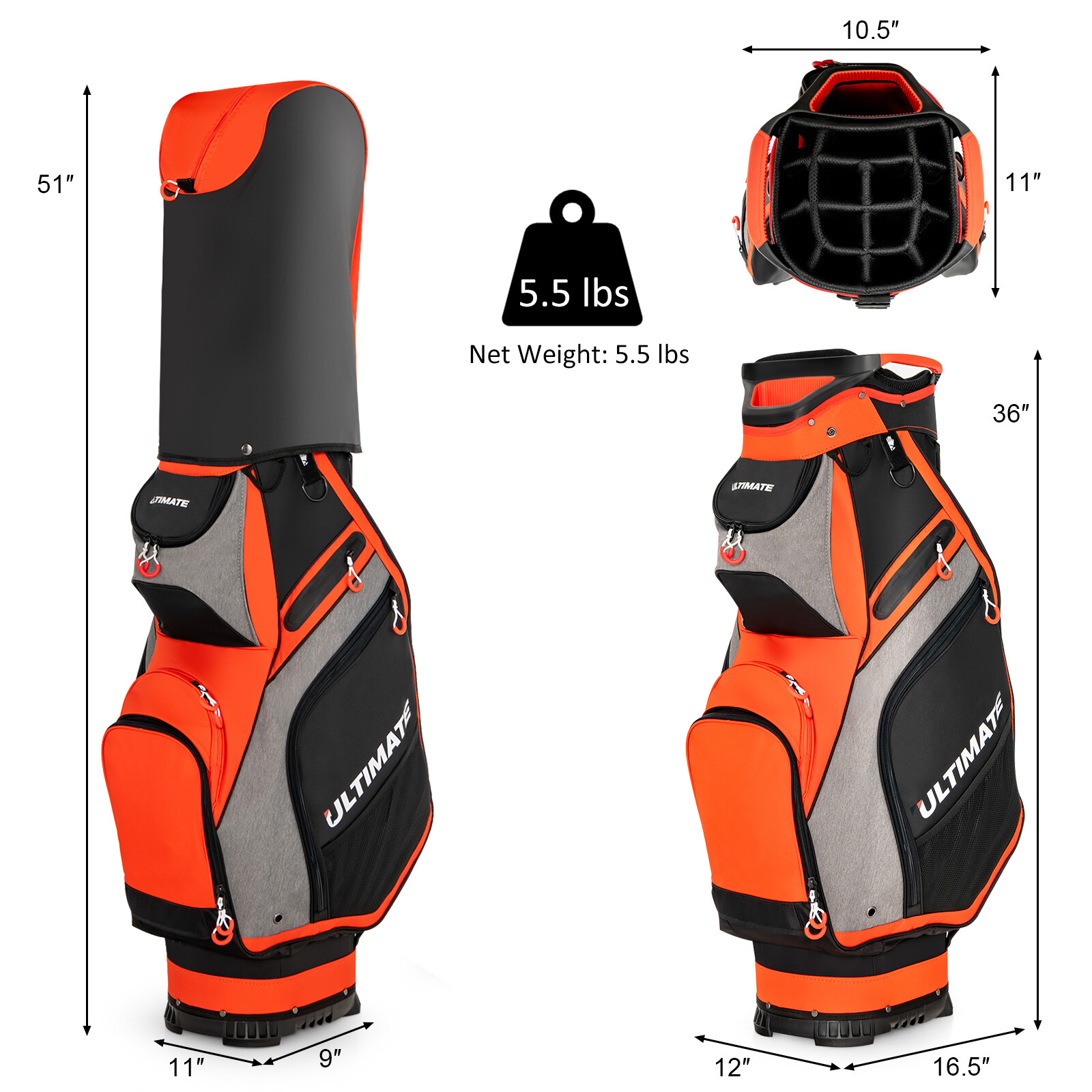 27 cm golfikott 14-suunalise vaheseina ja 7 lukuga taskuga - oranž
