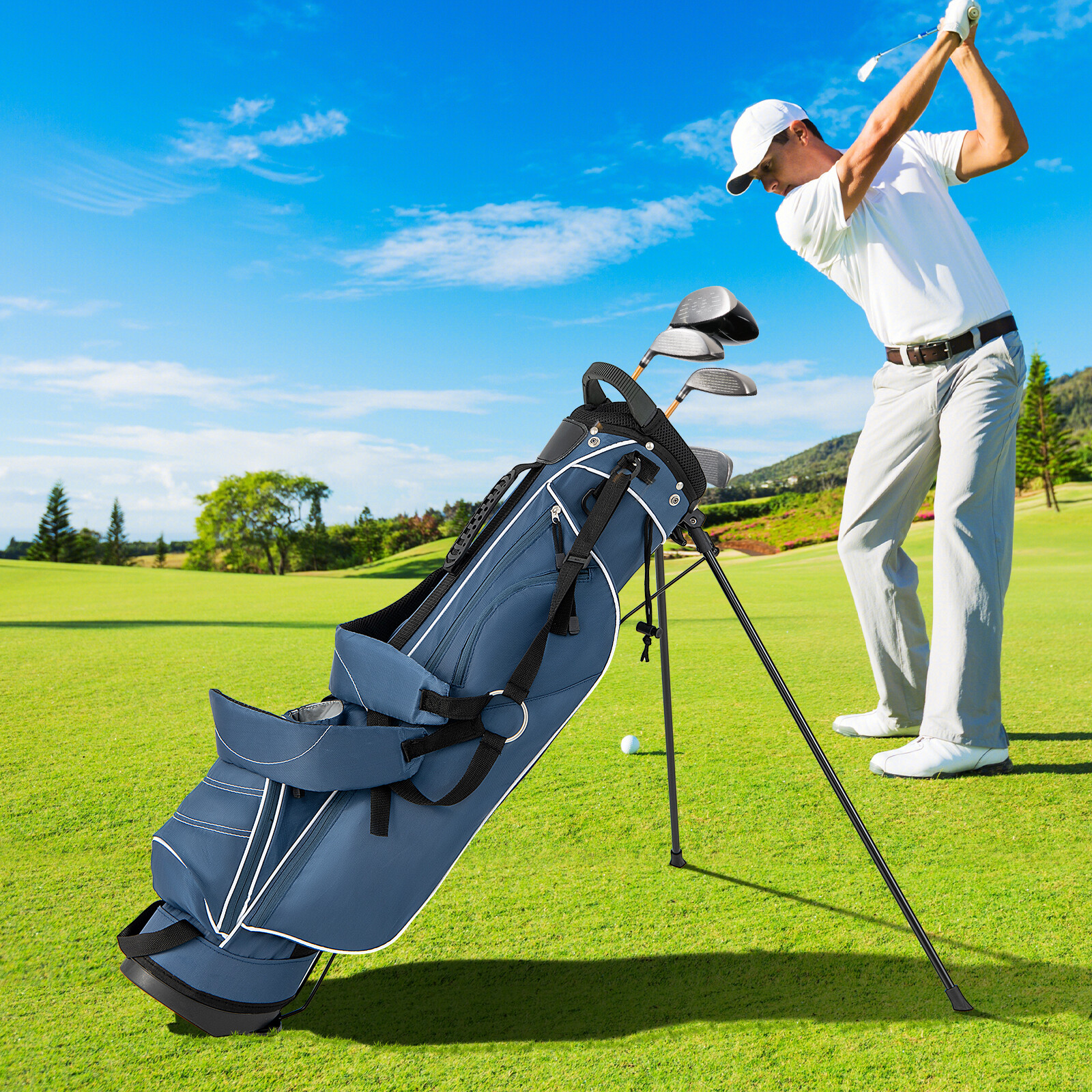 Golf Stand Cart Bag with 4 Way Divider Carry Organizer Pockets-Blue Golf Stand Cart Bag with 4 Way Divider Carry Organizer Pockets-Blue