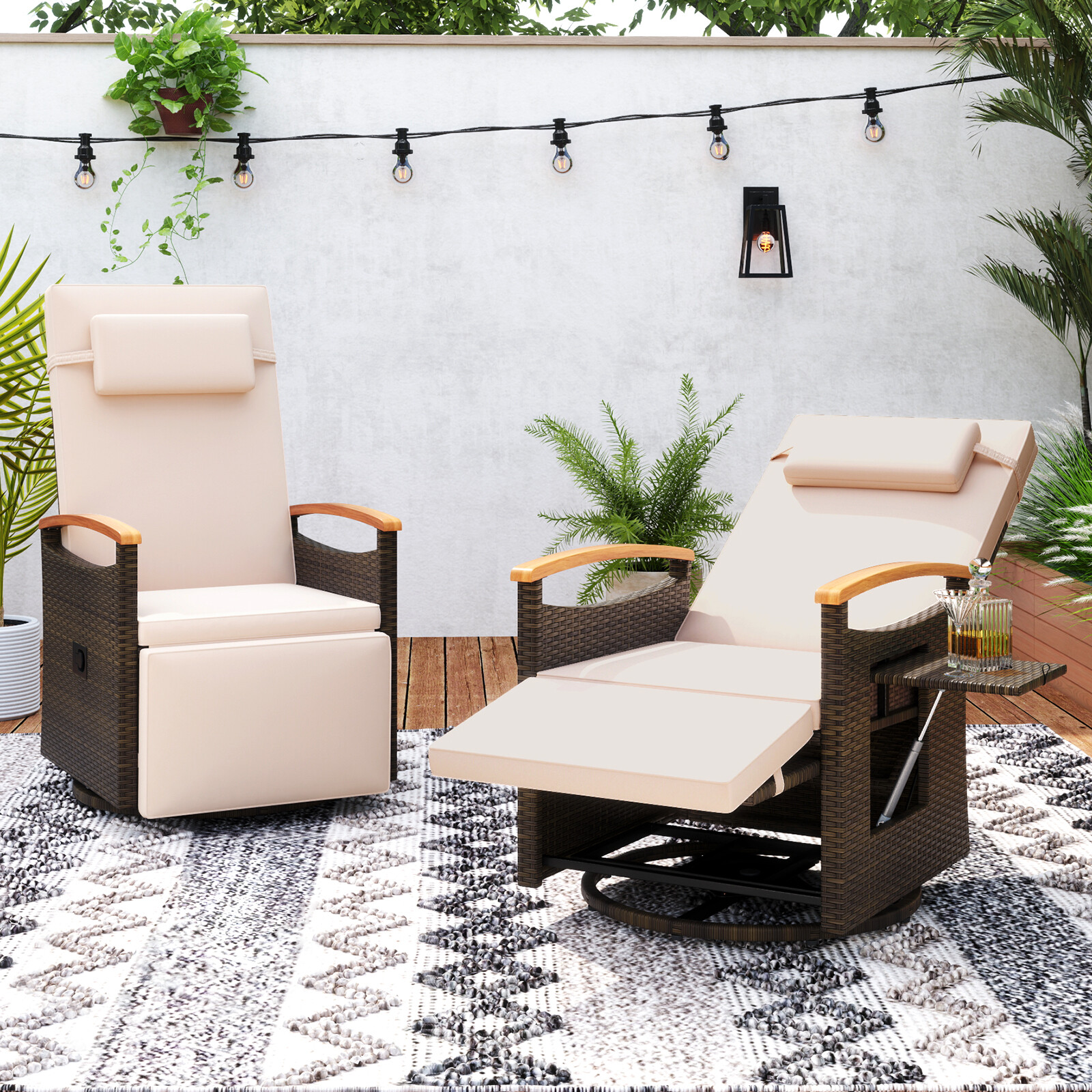Patio Rattan 360° Swivel Recliner Chair with Adjustable Backrest and Footrest-Beige Patio Rattan 360° Swivel Recliner Chair with Adjustable Backrest and Footrest-Beige